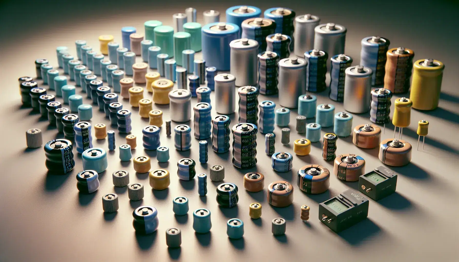 Assorted capacitors including cylindrical electrolytic, beige ceramic disc, yellow tantalum, and boxy film types, with multimeters on a light surface.