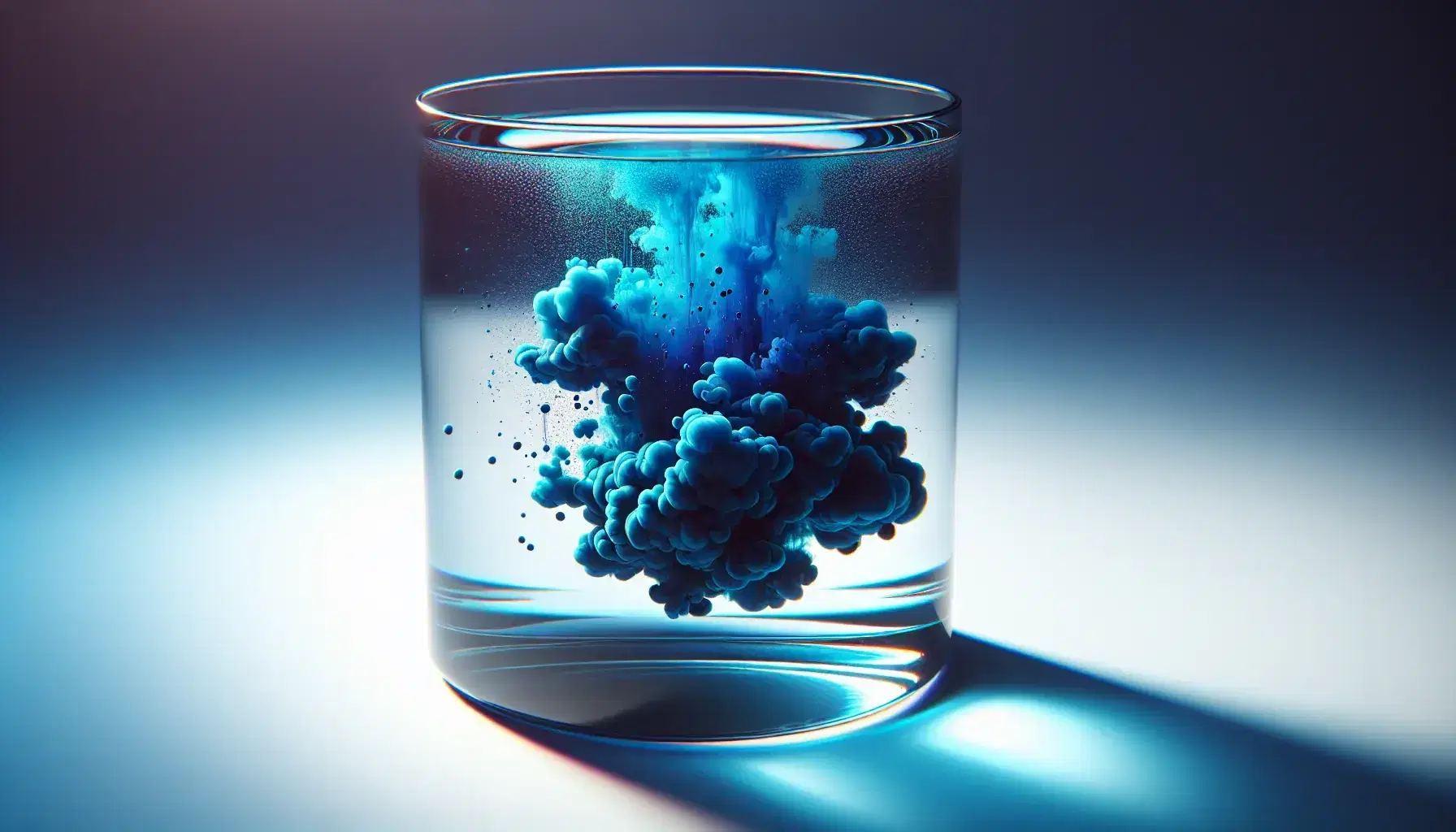 Molecole d'inchiostro blu cobalto si diffondono in acqua in un bicchiere trasparente, creando un effetto gradiente che sfuma verso il trasparente.