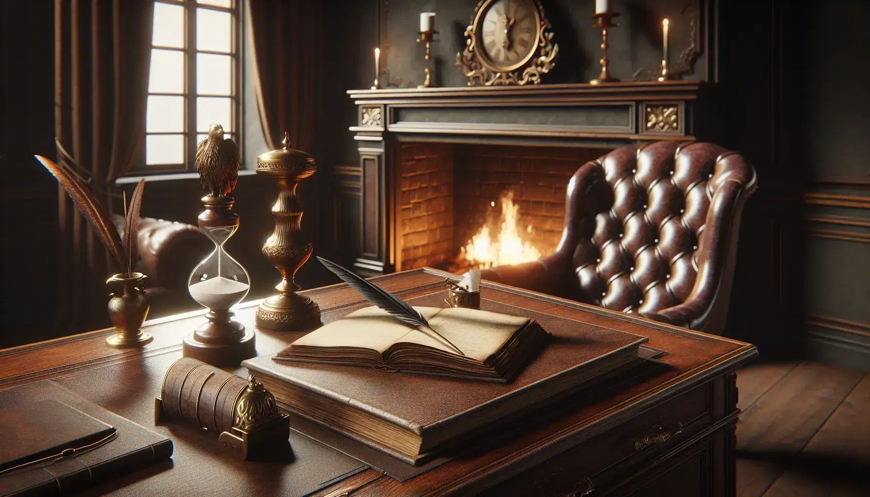 Quiet study with antique wooden desk, brass hourglass, quill pen, leather armchair, lit fireplace and bookcase full of books.