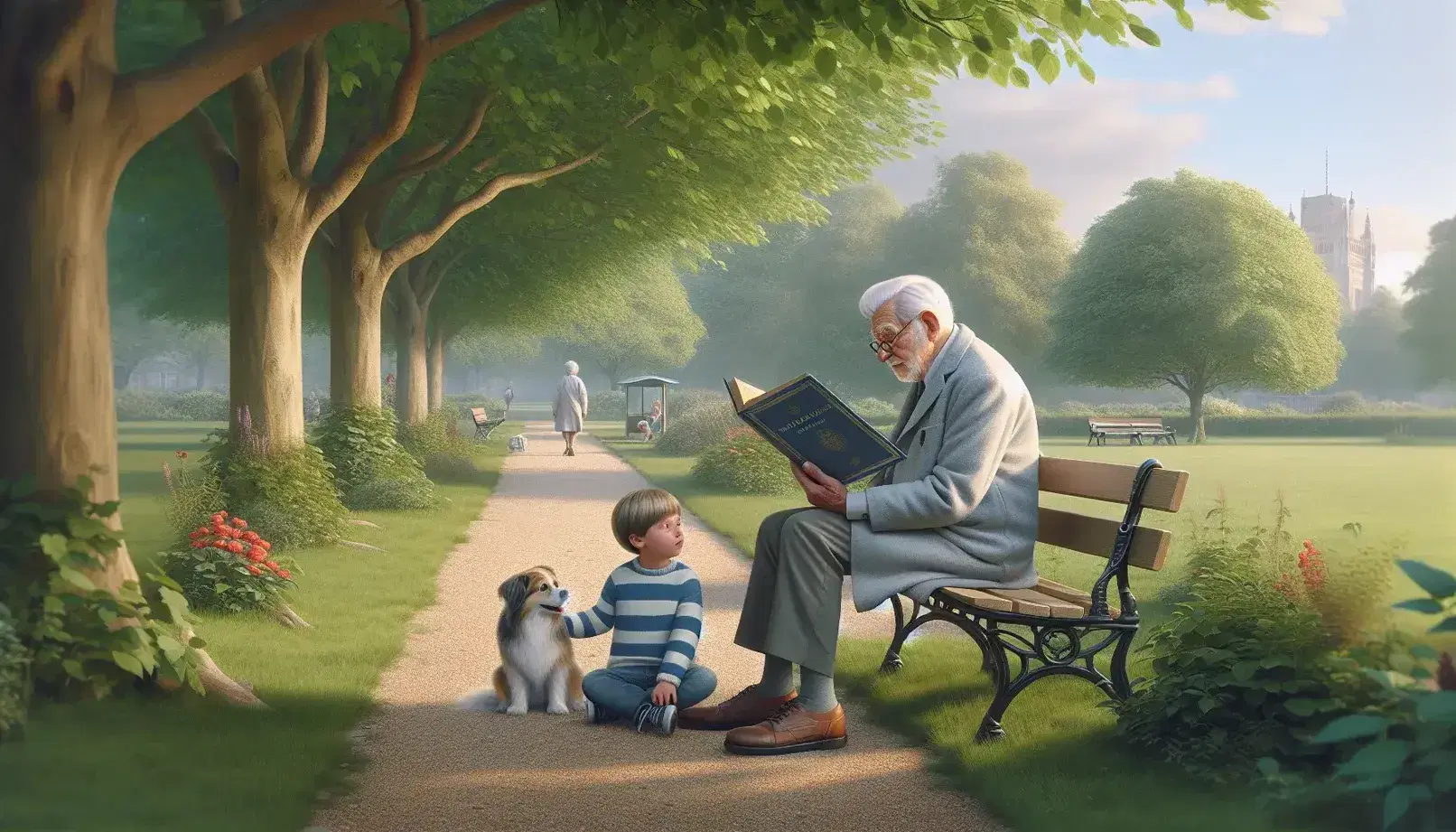 Nonno e nipote leggono un libro insieme su una panchina in un parco soleggiato, con alberi verdi e un sentiero di ghiaia.
