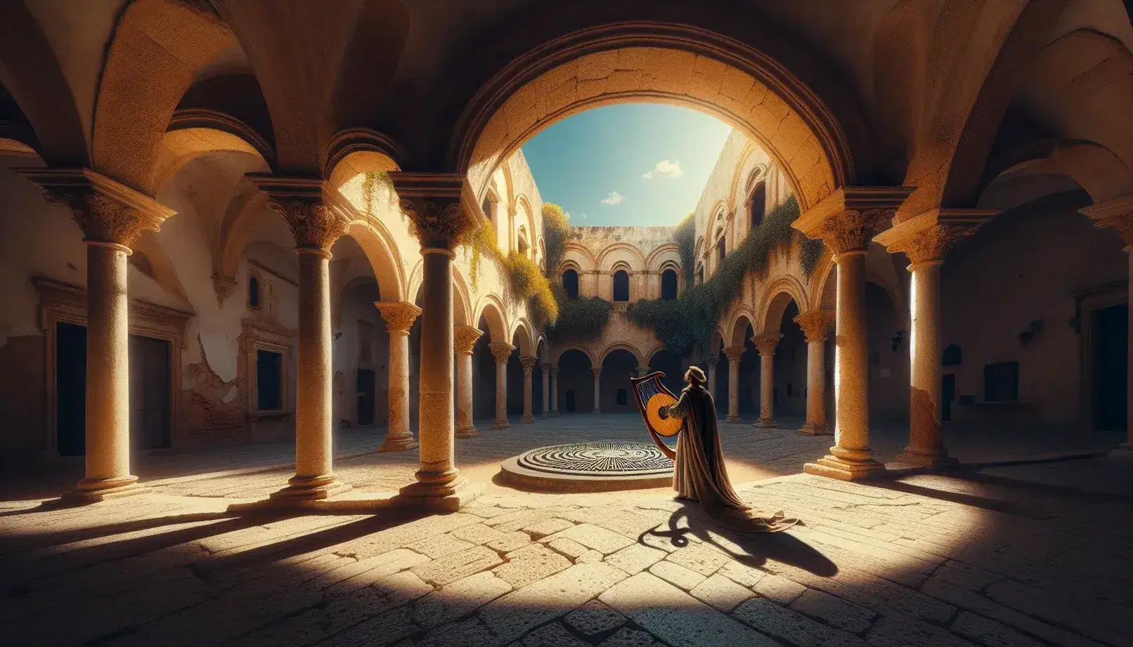 Cortile interno di palazzo siciliano antico con archi in arenaria, figura umana in abiti medievali con lira e vegetazione rampicante sotto cielo azzurro.