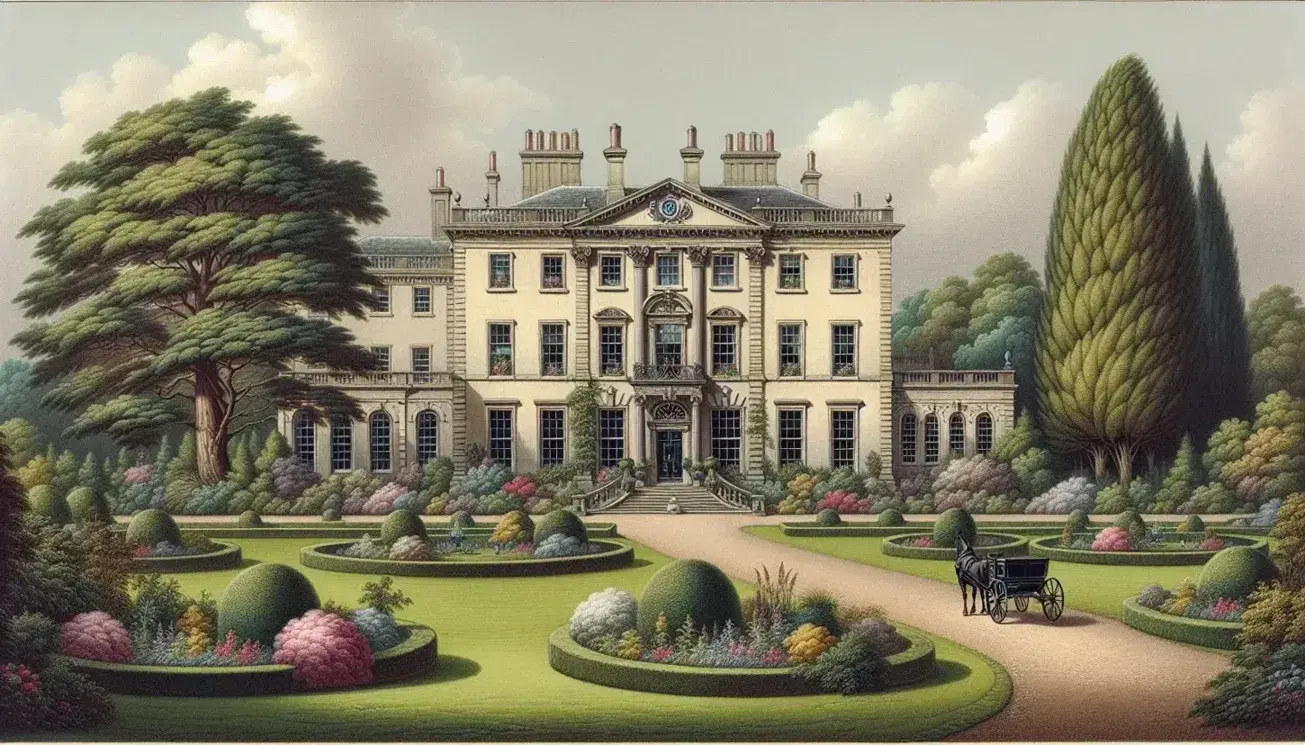 Elegant 18th-century Georgian-style English country house with symmetrical windows, a manicured lawn, colorful flowerbeds, and a horse-drawn carriage.