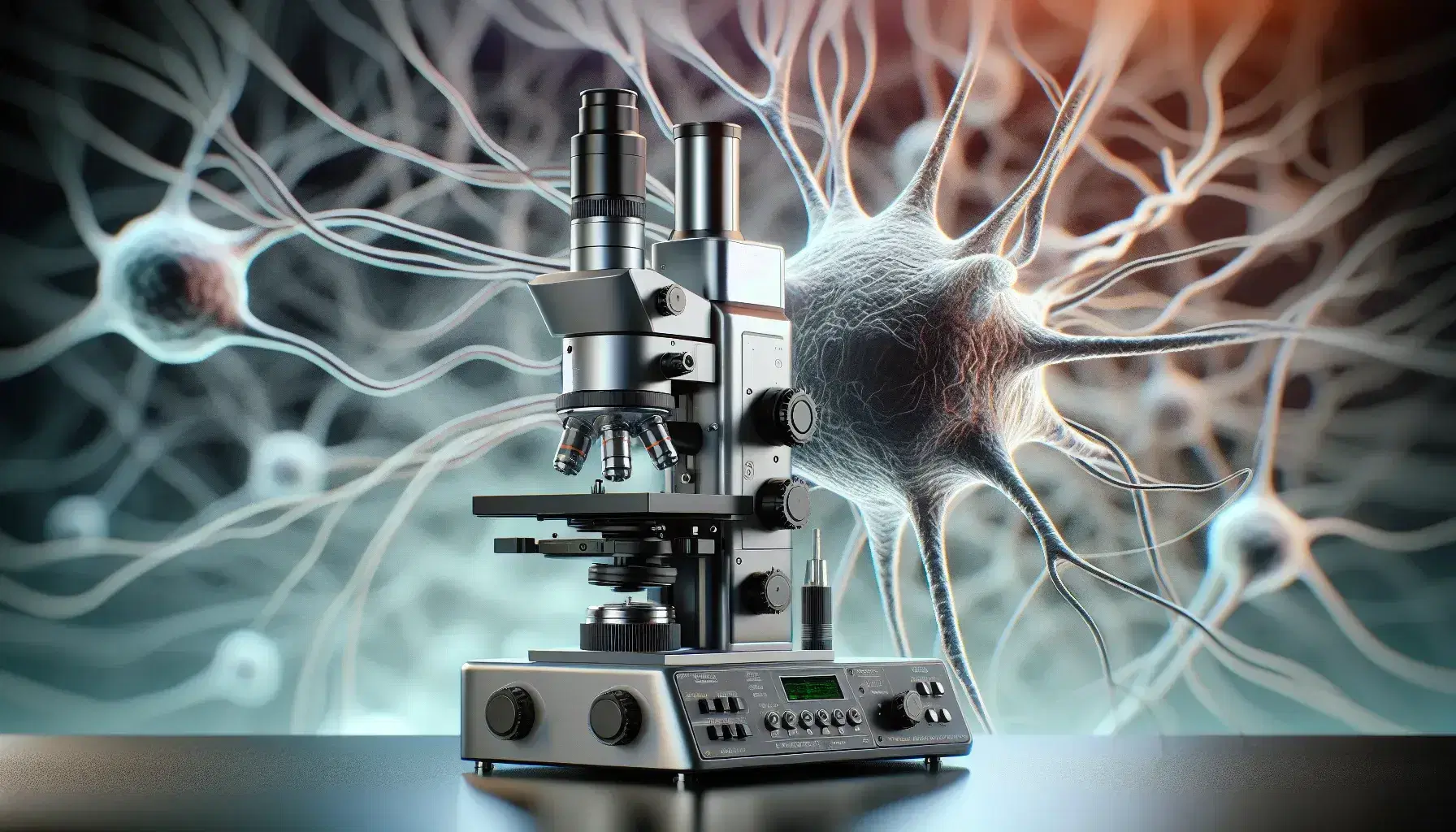 Microscopio elettronico in primo piano con sfondo sfocato di micrografia elettronica di neuroni, evidenziando la complessità della rete neuronale.