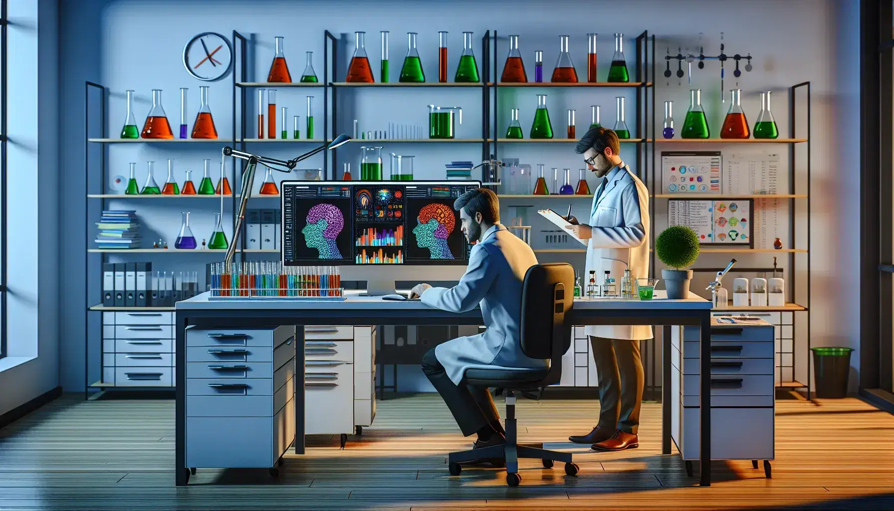 Psychological research laboratory with two researchers, colorful graphs on the screen, beaker and green plant on the table, microscope and bottles in the background.