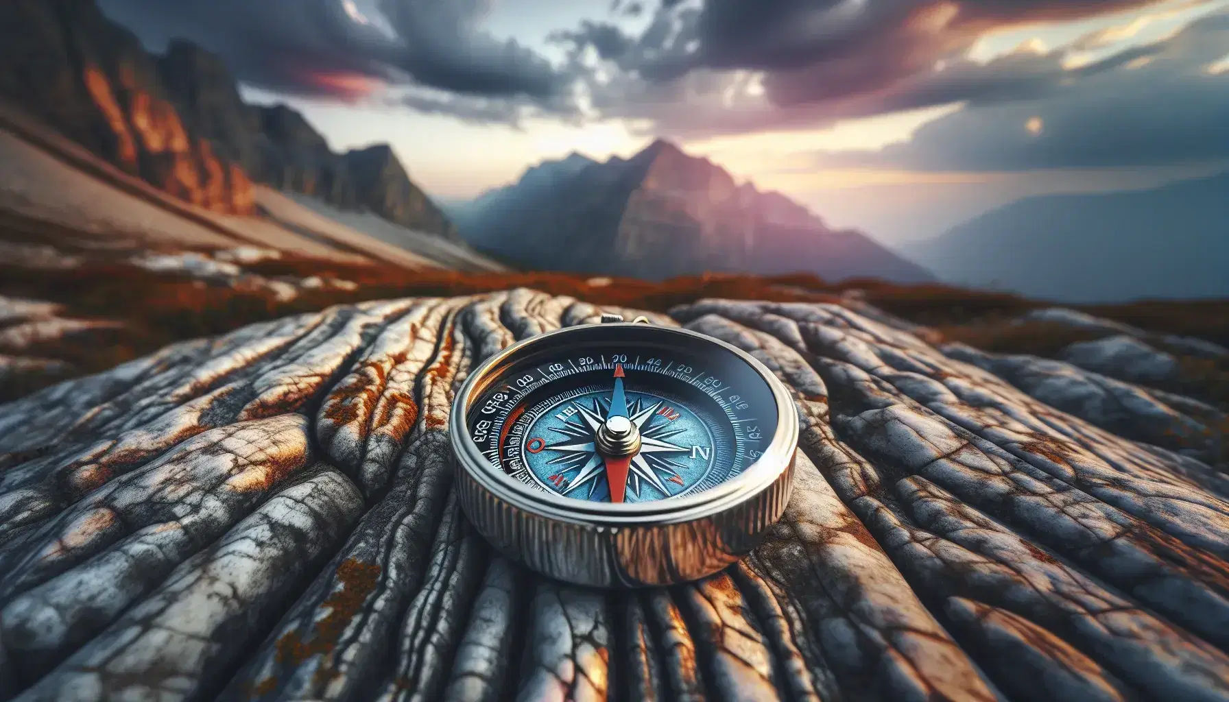 Bussola tradizionale con ago magnetico rosso e blu su superficie rocciosa stratificata, sfondo montuoso al tramonto con cielo parzialmente nuvoloso.