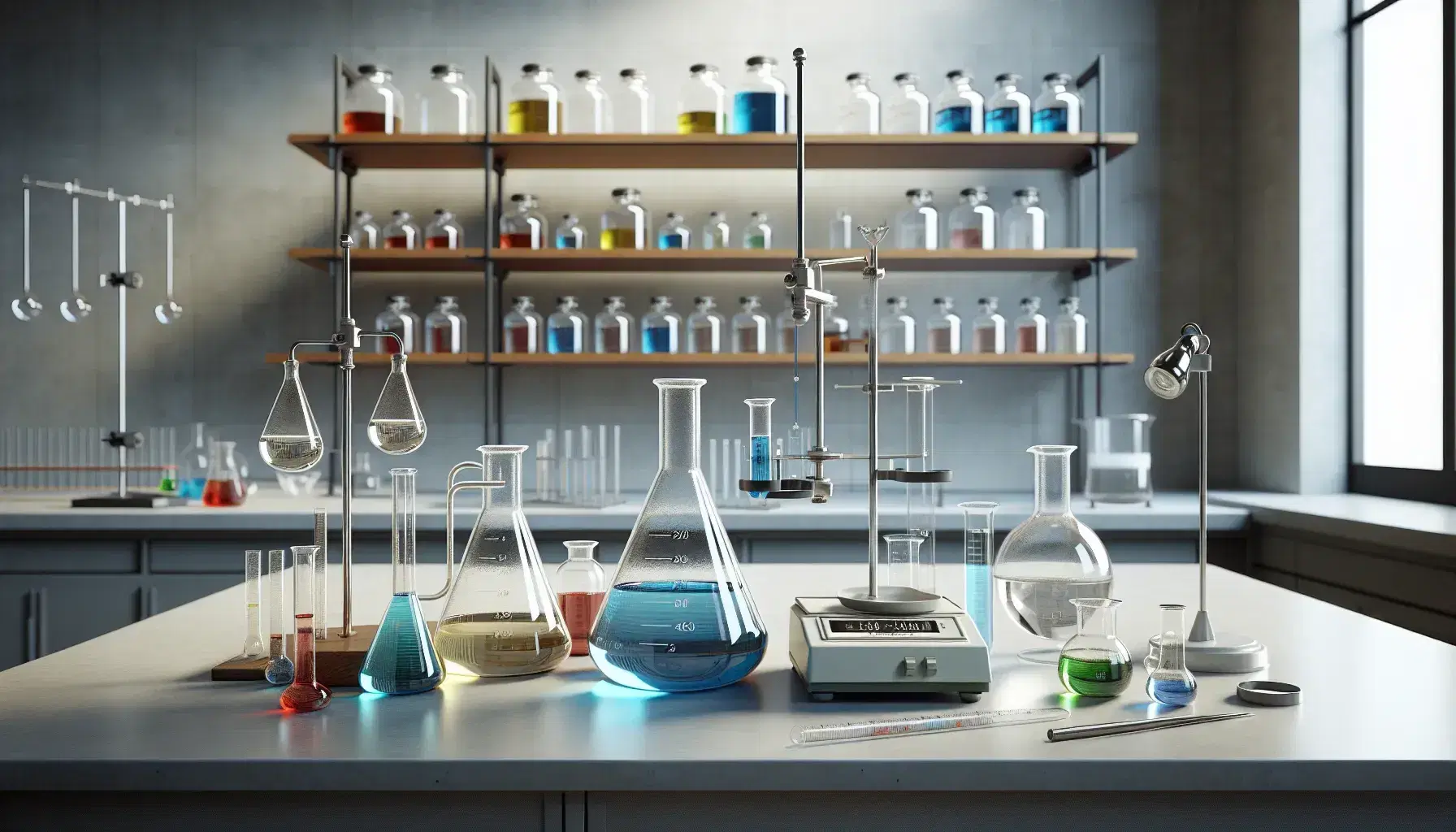 Laboratorio de química con mesa de trabajo, matraces Erlenmeyer con líquidos de colores, tubo de ensayo en soporte metálico, pipeta en vaso de precipitados y balanza analítica.