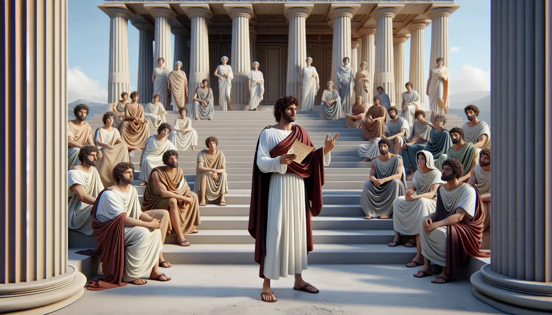 Escena de la Antigua Grecia con un hombre de túnica y manto rojo hablando y sosteniendo un papiro ante un grupo atento en un anfiteatro al aire libre, rodeados de columnas dóricas bajo un cielo despejado.