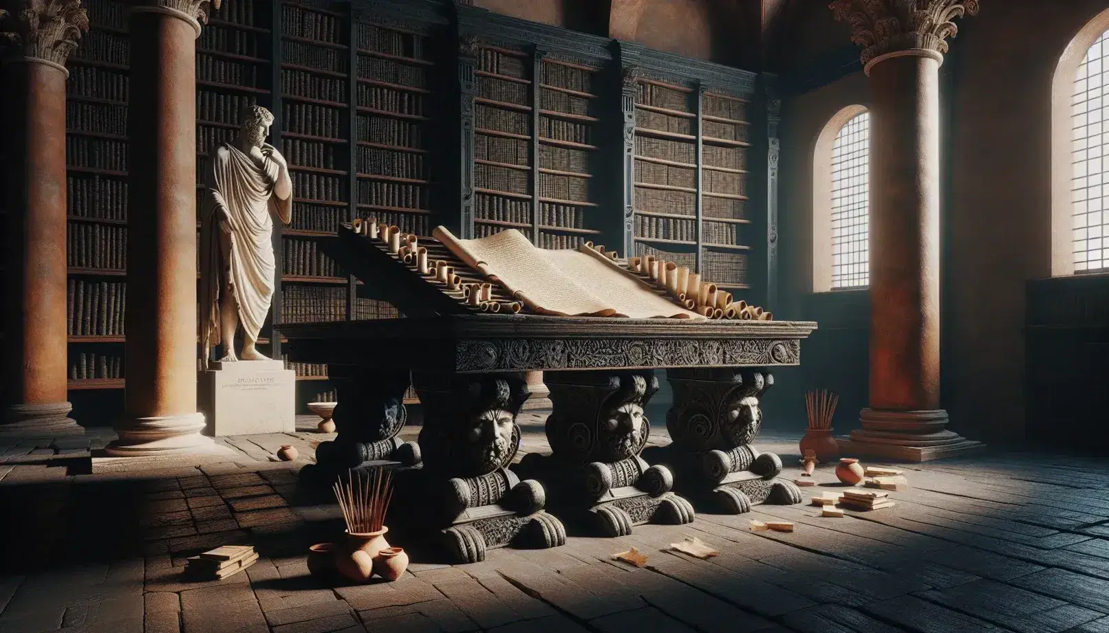 Biblioteca romana antica con tavolo in legno, rotoli di papiro, statua marmorea pensierosa, scaffali con libri e finestre ad arco.