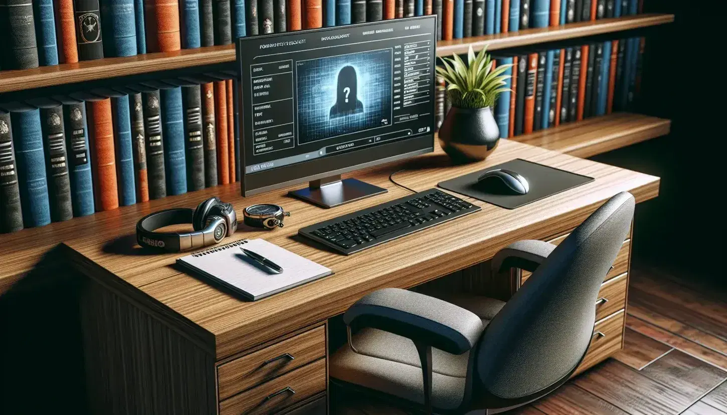 Work environment of a forensic psychologist with wooden desk, computer, notepad, voice recorder, ergonomic chair and bookcase with books.