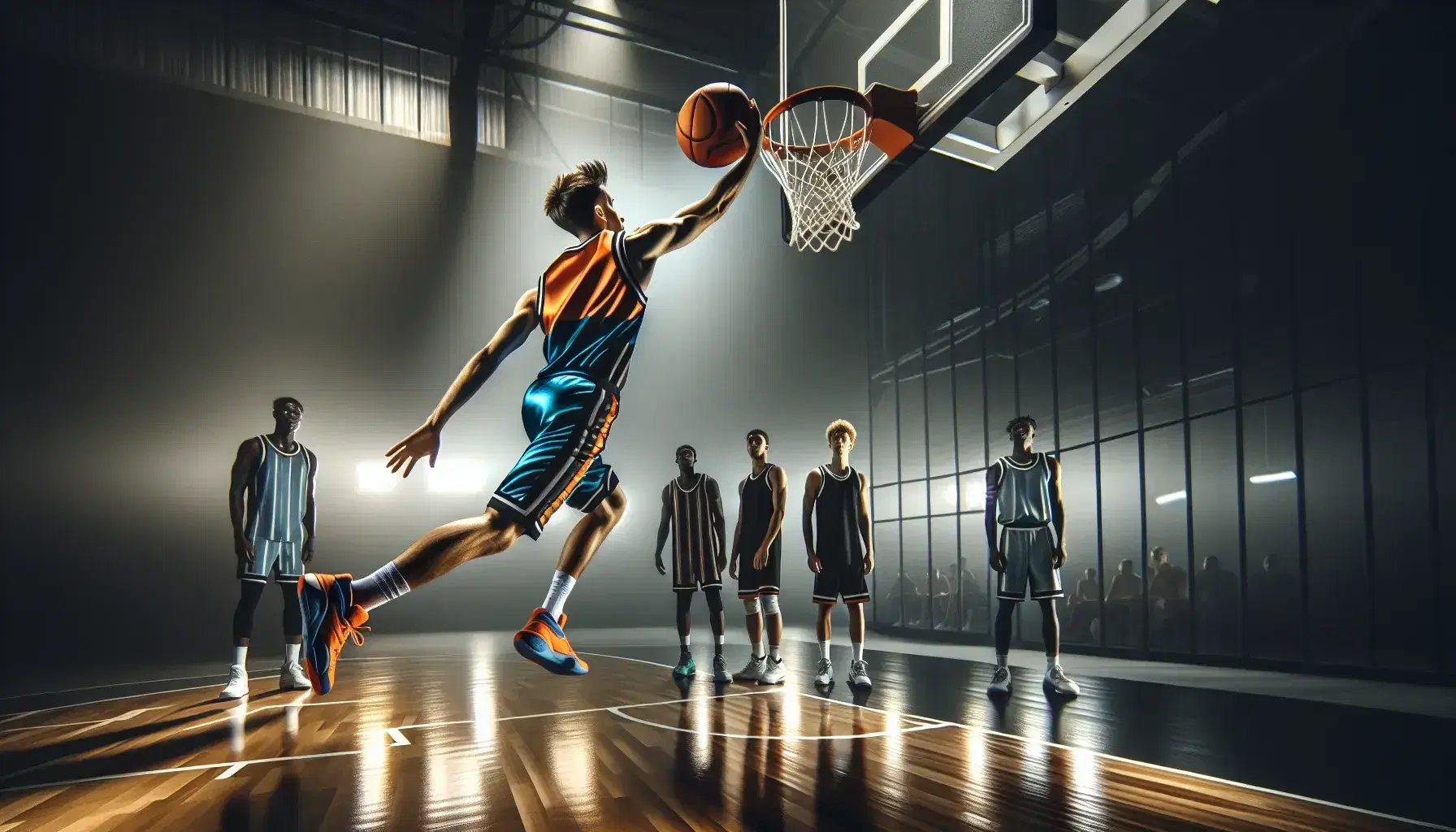Giocatore di basket in salto per tiro a canestro su parquet lucido, con divisa blu-arancione e pallone in mano, sfondo sfocato con altri giocatori.