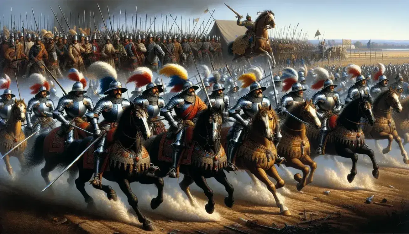 Cavalleria in armature scintillanti e infanteria in uniformi blu combattono contro soldati ottomani in un'animata scena di battaglia del XVII secolo.