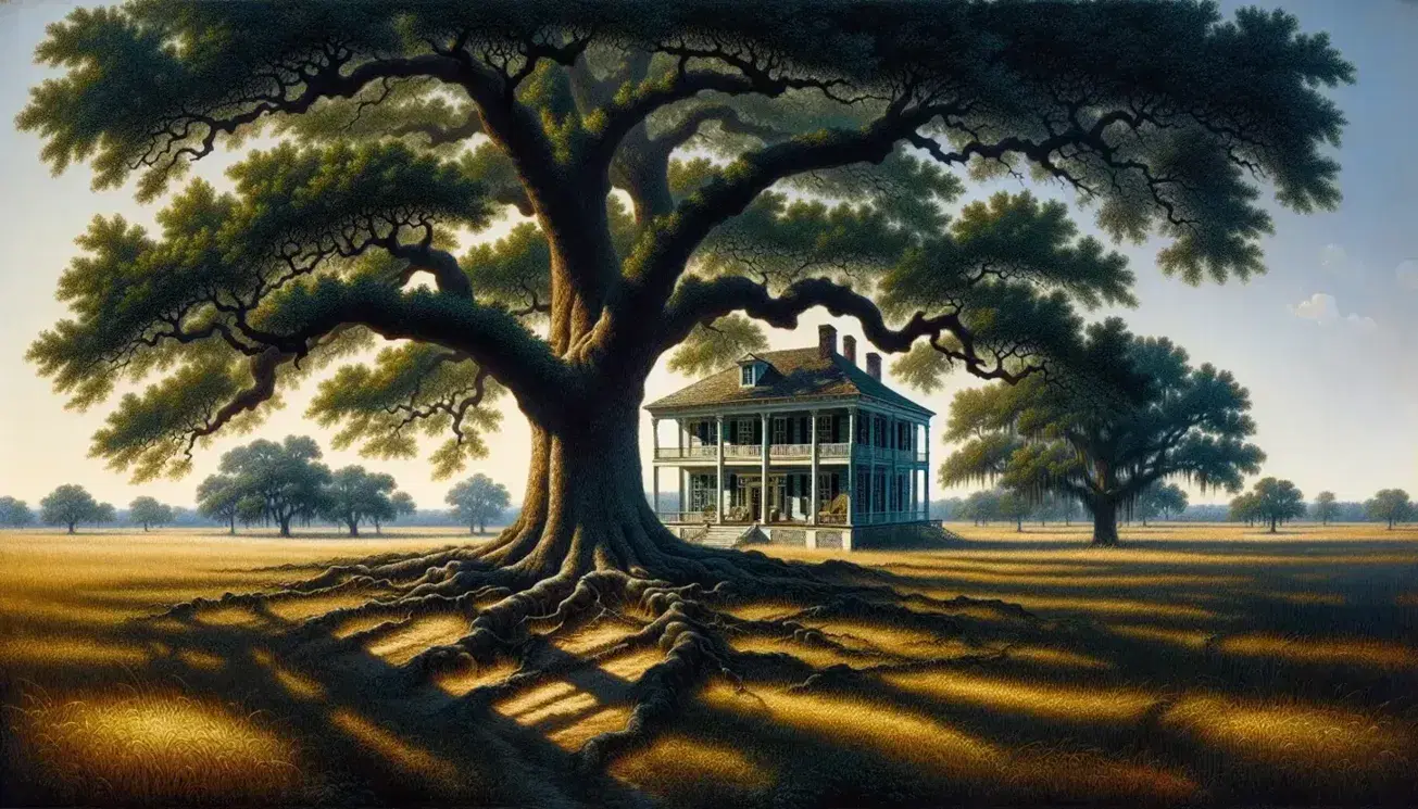 Serene Southern landscape with a grand oak tree, antebellum-style house with a rocking chair on the porch, and rolling fields under a clear blue sky.