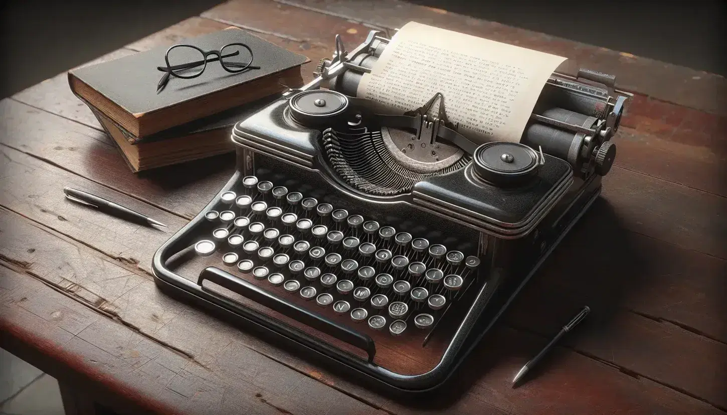 Vintage black typewriter with round keys on a worn wooden desk, accompanied by an open book, round eyeglasses, and a green banker's lamp.