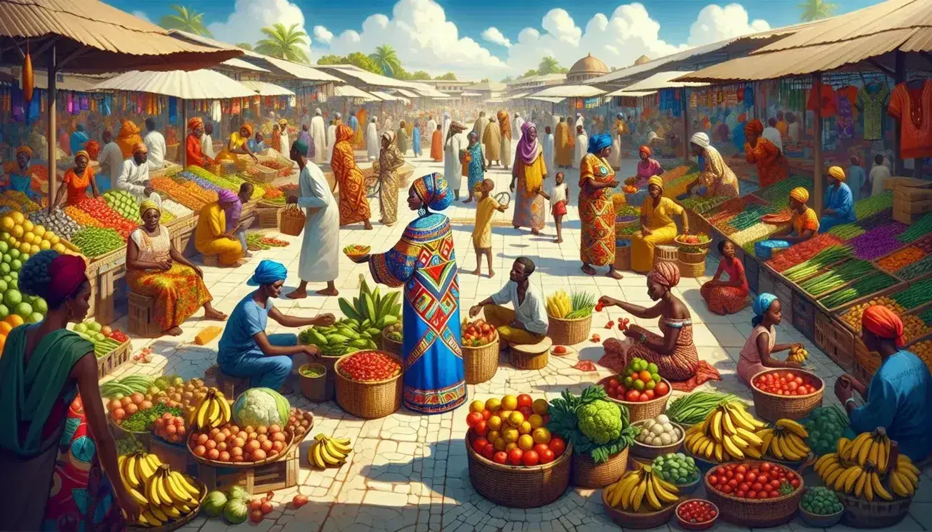 Mercato all'aperto africano con donna in abito tradizionale che vende frutta e verdura, clienti vari e bambini che giocano.