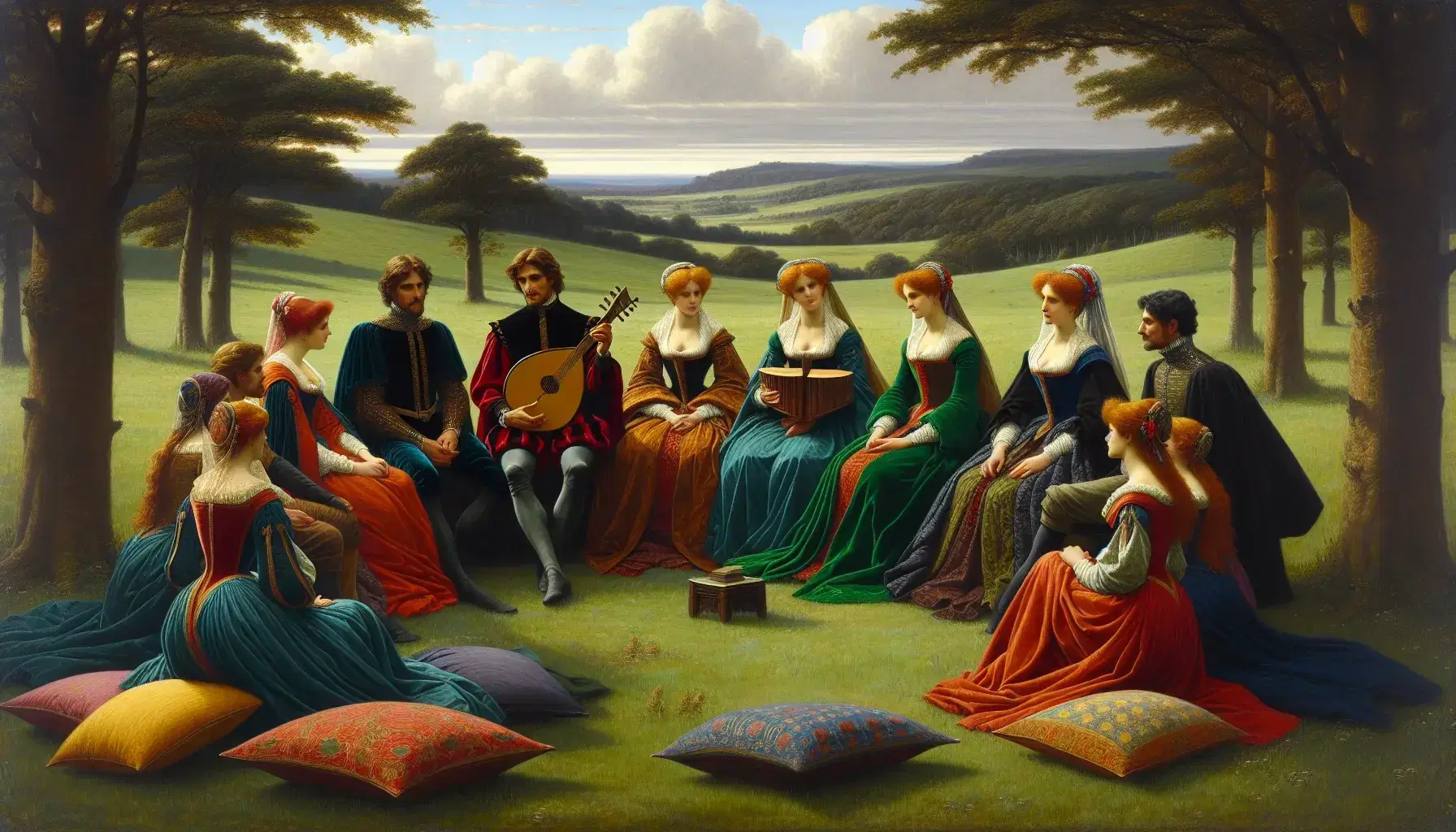 Gruppo di persone in abiti medievali sedute in cerchio su un prato, ascoltando un uomo che racconta una storia e tiene un libro.