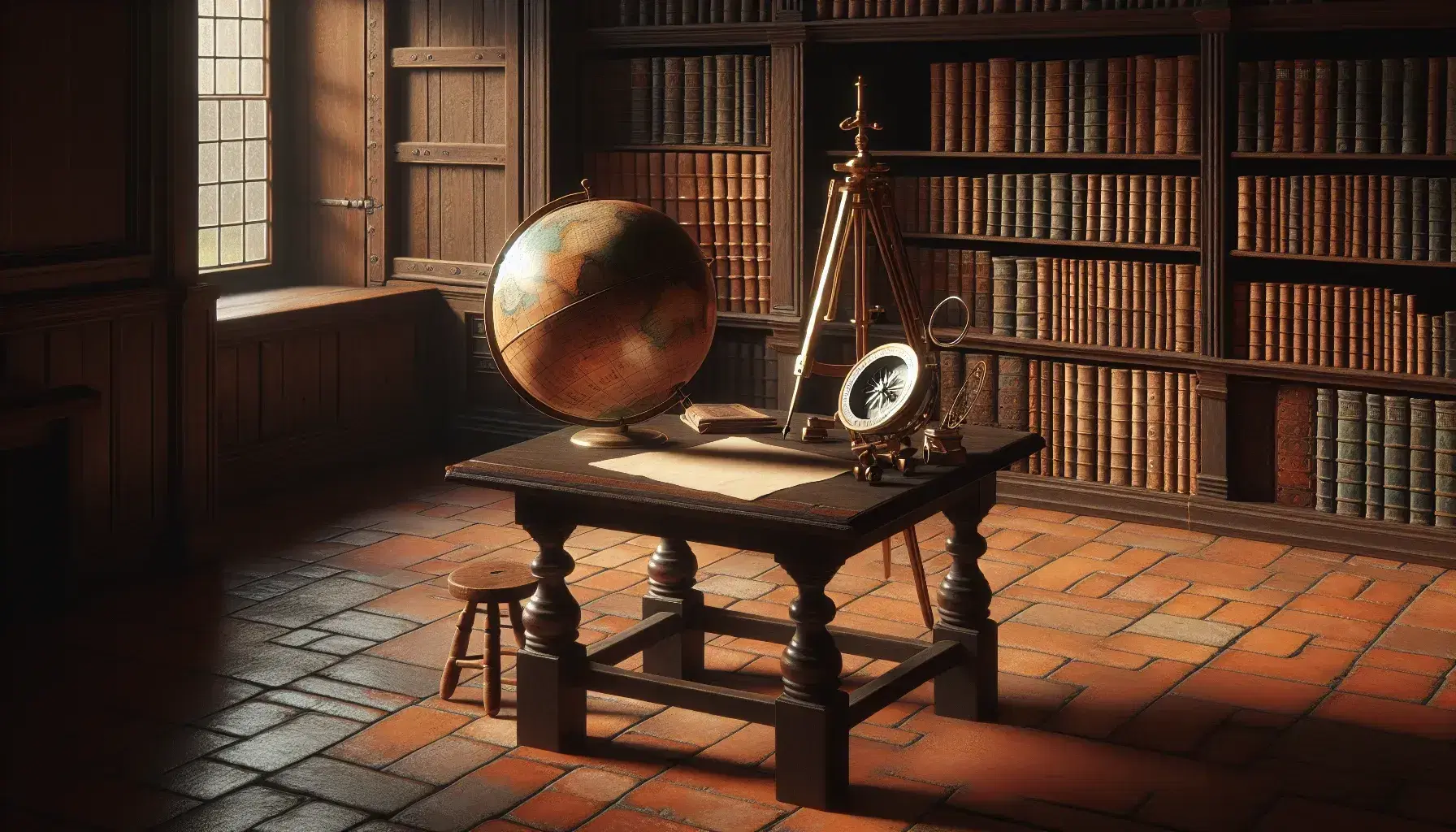 Estudio del siglo XVII con mesa de madera oscura, globo terráqueo antiguo, compás metálico sobre papel, telescopio de latón y estantería con libros encuadernados en cuero bajo una ventana que ilumina suavemente la escena.