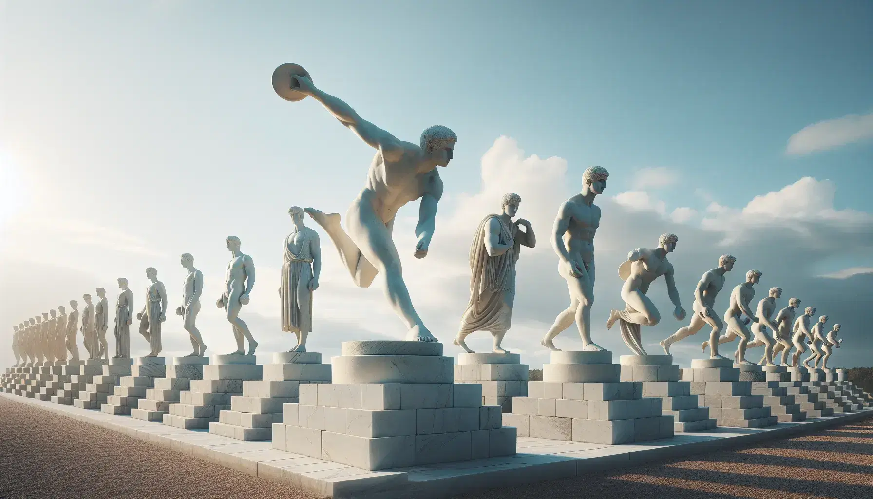 Estatuas de mármol blanco de atletas en poses dinámicas, incluyendo lanzamiento de disco y jabalina, bajo un cielo azul con nubes dispersas.