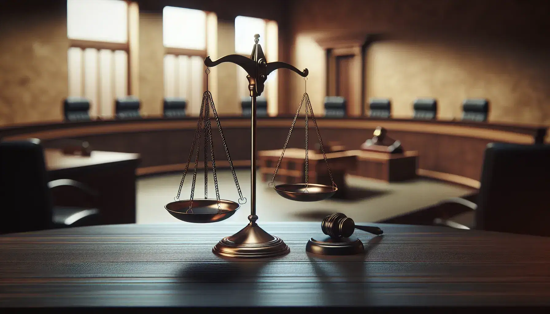 Bilancia della giustizia in equilibrio su superficie in legno scuro con sfondo sfocato di aula giudiziaria illuminata naturalmente.