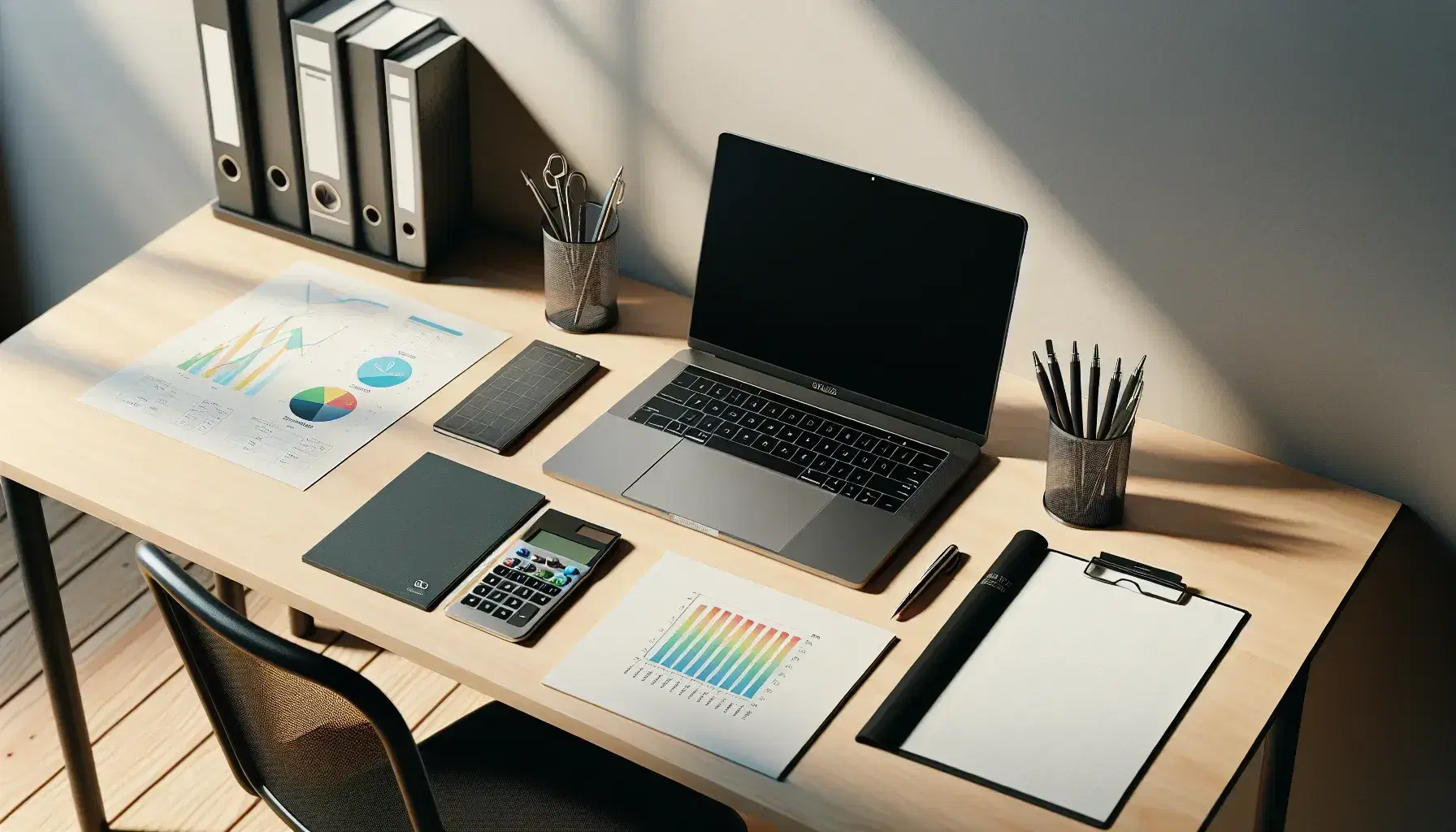 Scrivania in legno con laptop aperto, calcolatrice scientifica, grafico a barre colorato, blocco note, penna e foglio bianco, illuminazione naturale.