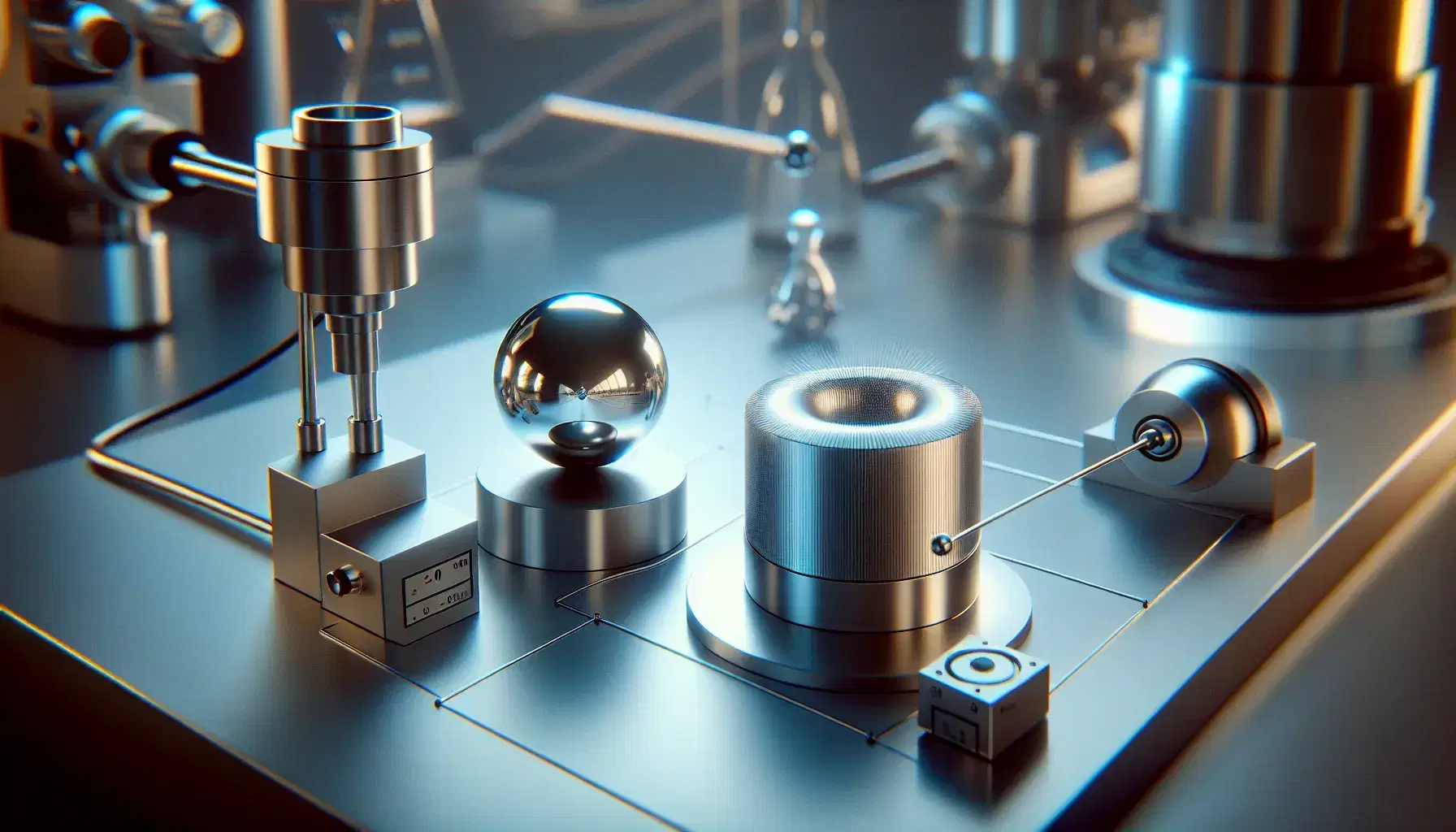 Laboratory experiment setup demonstrating Compton scattering with a metallic sphere targeted by a photon source and a detector capturing scattered photons.