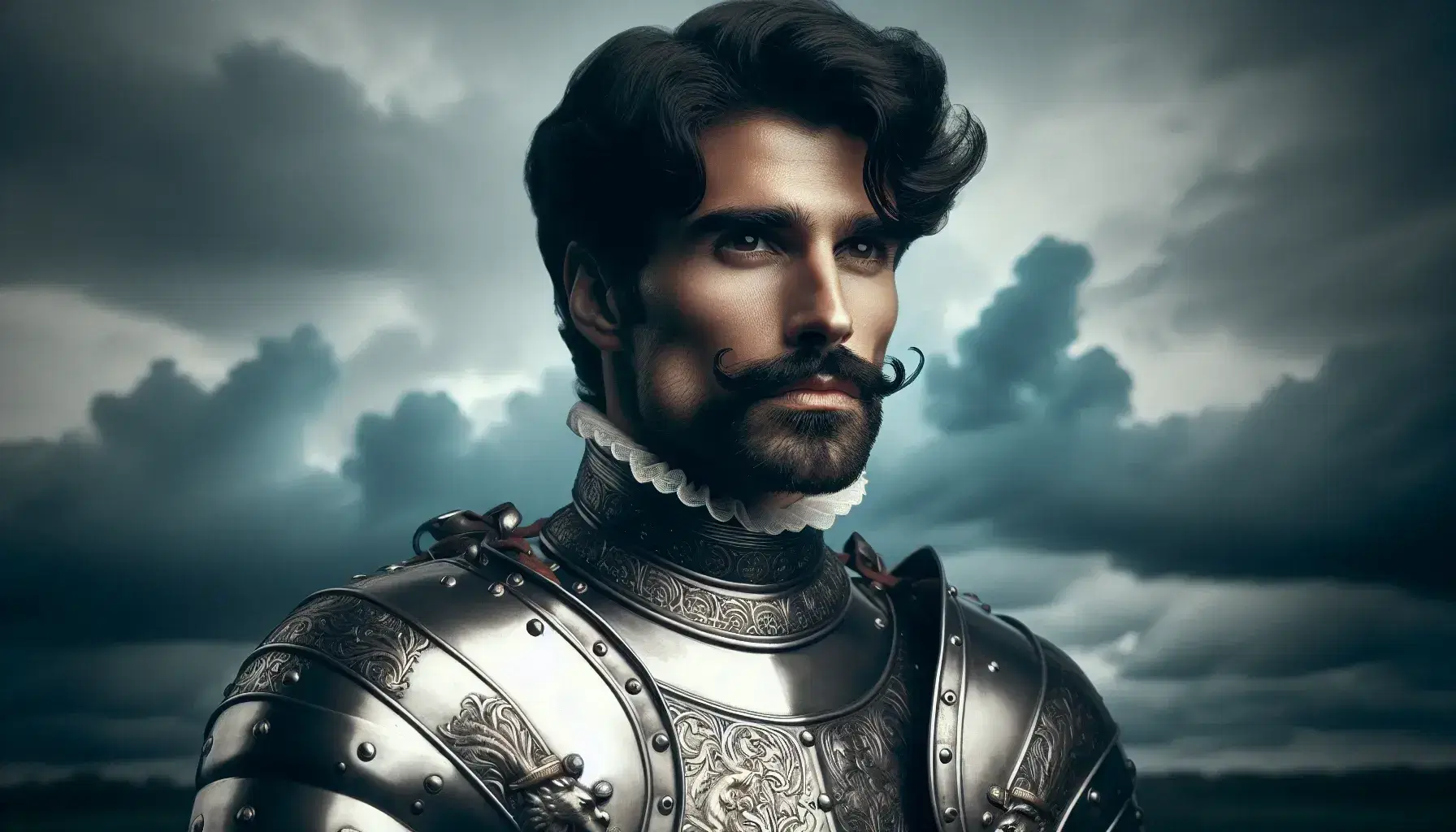 Ritratto di uomo in armatura del XVI secolo con barba nera, sotto un cielo tempestoso, che riflette la luce con incisioni dettagliate.
