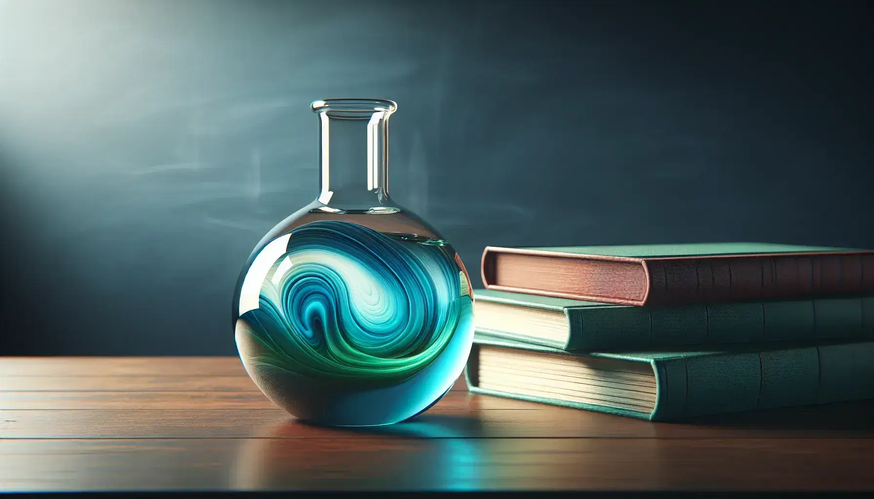 Close-up view of a glass flask with swirling blue and green liquids on a wooden surface, with a stack of colorful textbooks beside it against a dark gray background.