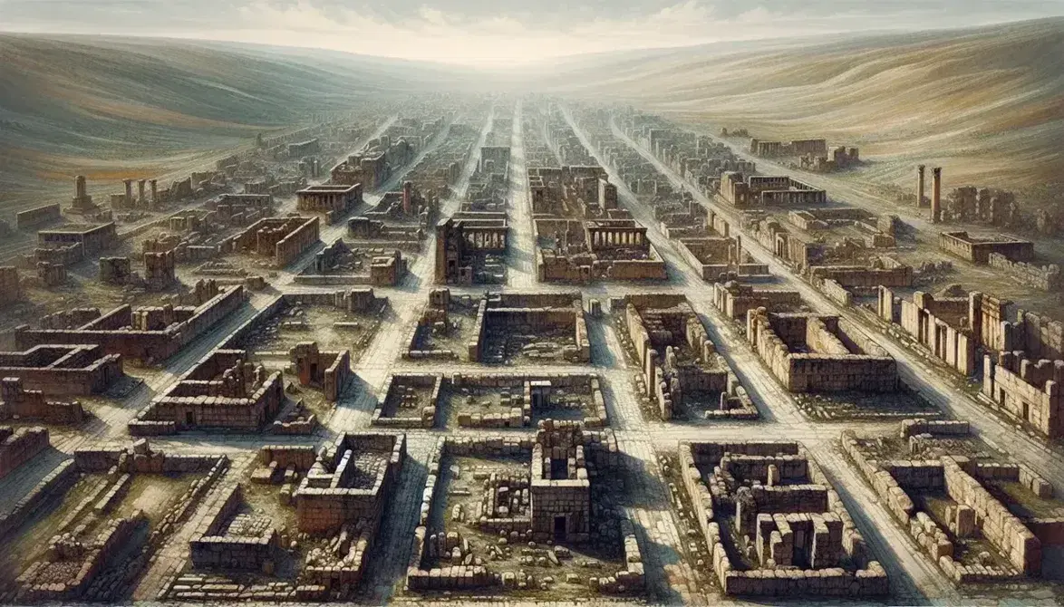Vista aérea de ruinas de ciudad antigua con estructuras de piedra, calles que se cruzan en ángulos rectos y vegetación entre los restos bajo un cielo azul.