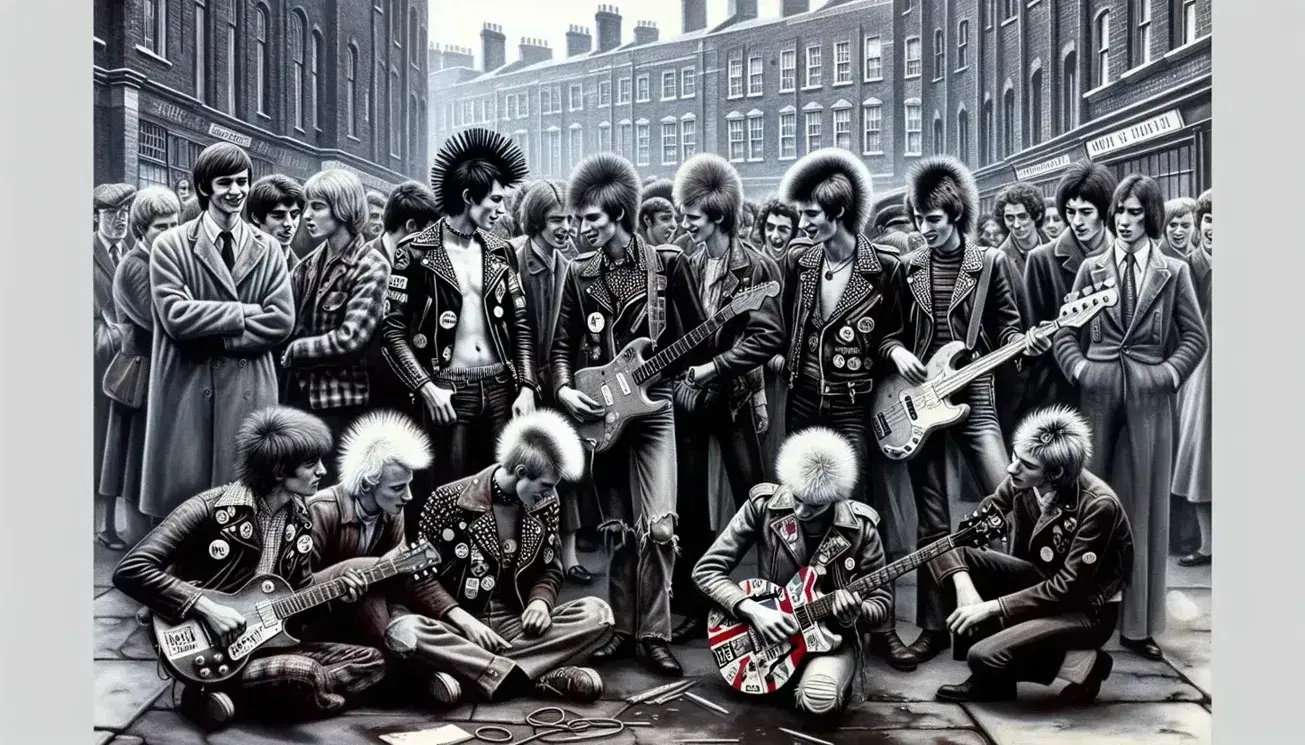 1970s British street scene with punk youths, a guitarist and drummer performing, and diverse pedestrians against brick buildings under a gray sky.