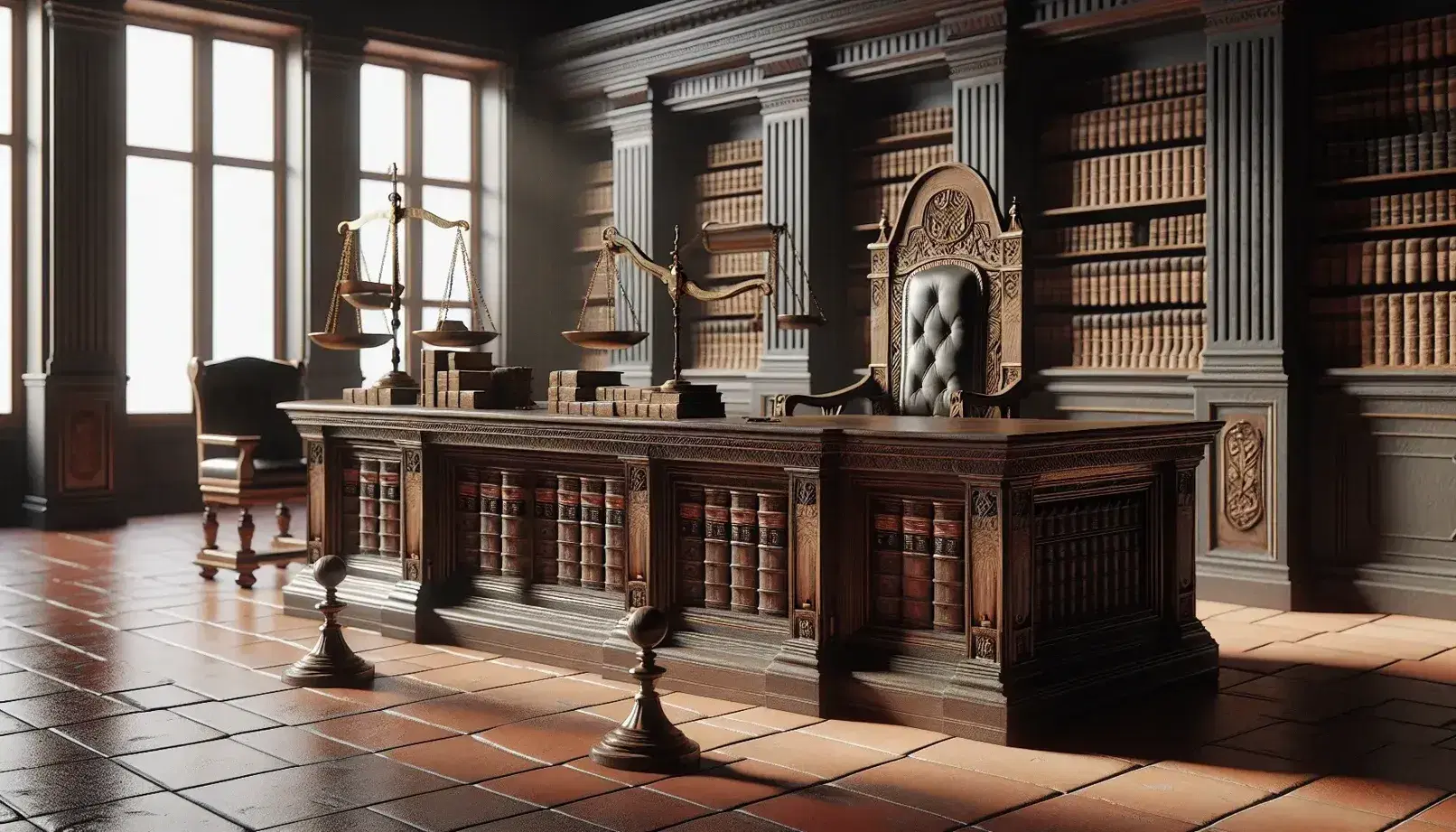 Sala de tribunal antigua con mesa de madera oscura, libros encuadernados en cuero, silla elevada de juez y balanza de bronce, iluminada por luz natural.