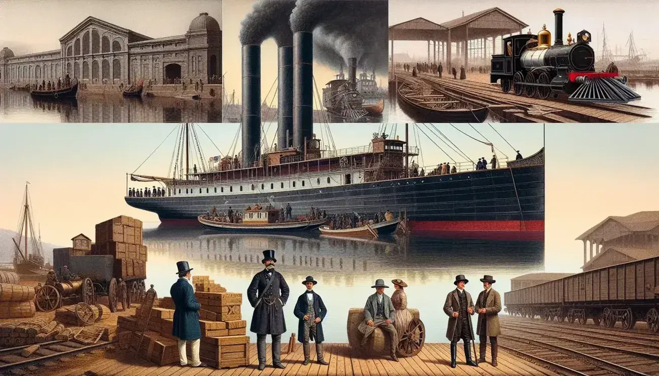 Barco de vapor histórico en puerto con chimenea humeante, muelle con barriles, estación de tren y locomotora al fondo, y cuatro personas en primer plano, dos en uniforme militar del siglo XIX y dos en atuendos locales.