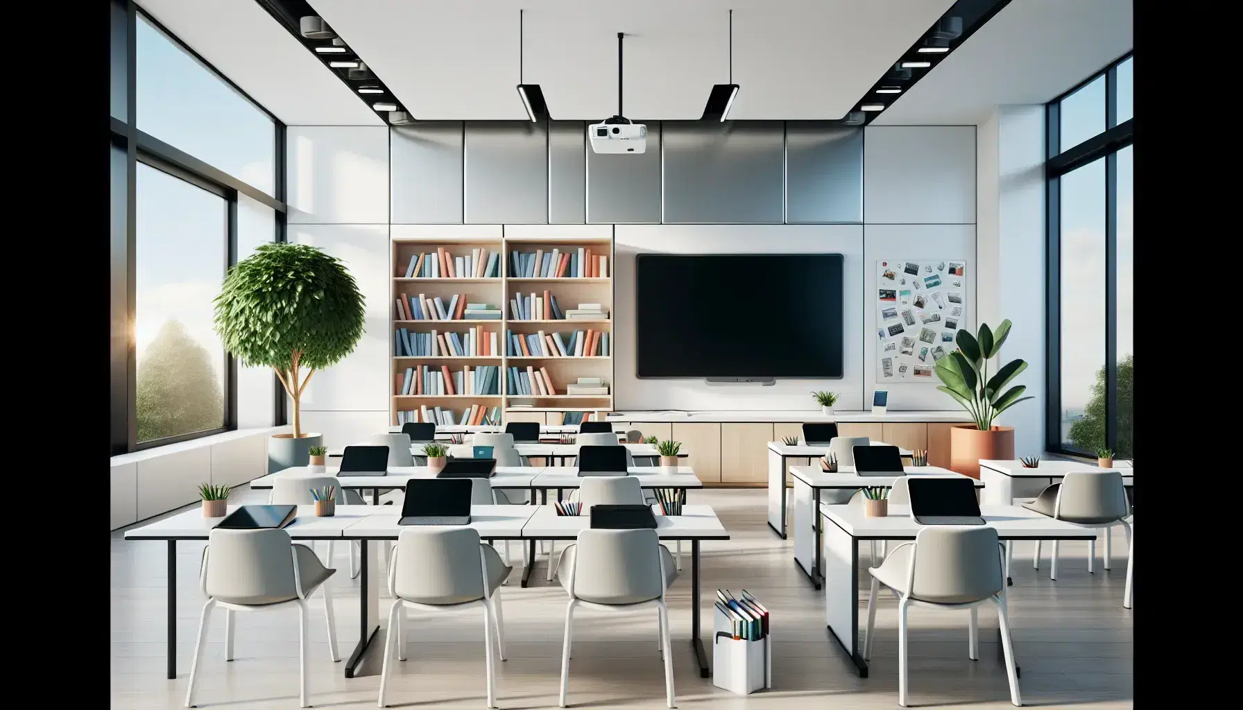 Aula escolar moderna y luminosa con mesas blancas, sillas ergonómicas grises, tabletas digitales y libros de tapa dura, estantería con libros y planta interior.