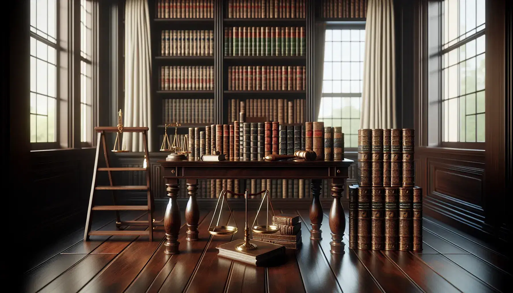 Biblioteca clásica con estanterías de madera oscura llenas de libros encuadernados en cuero, balanza de justicia, mazo y gafas sobre mesa, y luz suave filtrándose por ventanas altas.