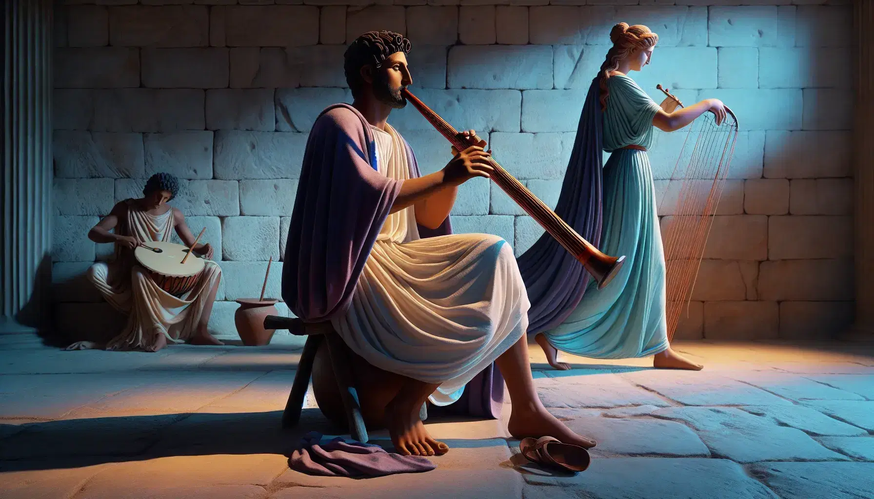 Scena greca antica con uomo seduto su sgabello suonando aulos e donna in tunica azzurra danzante, in ambiente illuminato da luce naturale.