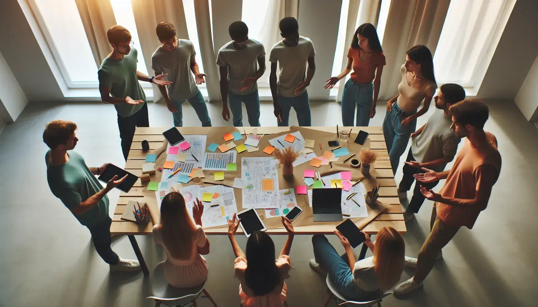 Grupo diverso de personas en una reunión de trabajo colaborativo alrededor de una mesa con papeles y dispositivos electrónicos, discutiendo ideas en un ambiente iluminado.