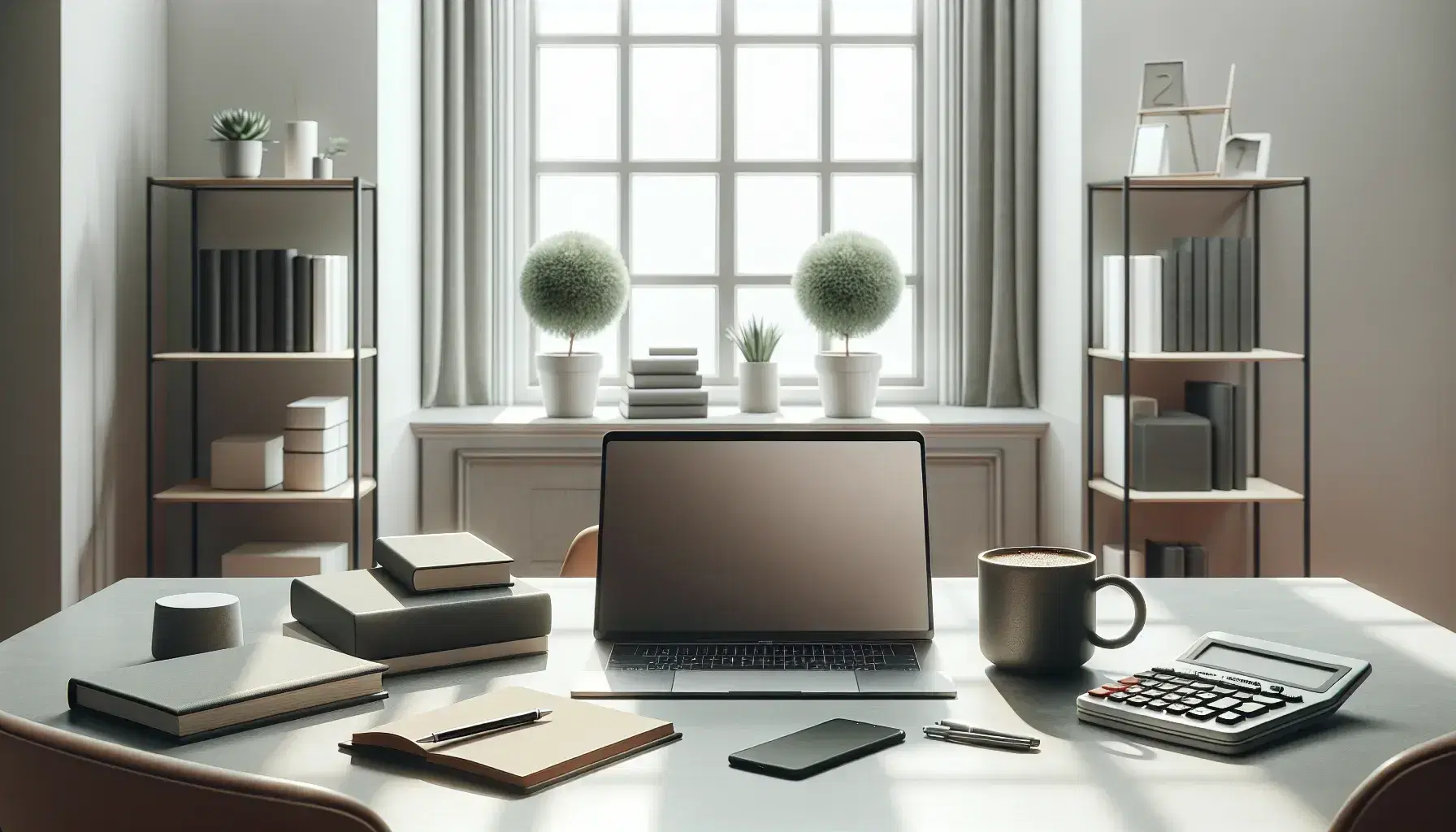 Oficina moderna y luminosa con mesa de trabajo, portátil abierto, plantas, calculadora, smartphone y libros apilados, junto a una ventana grande y una taza de café.