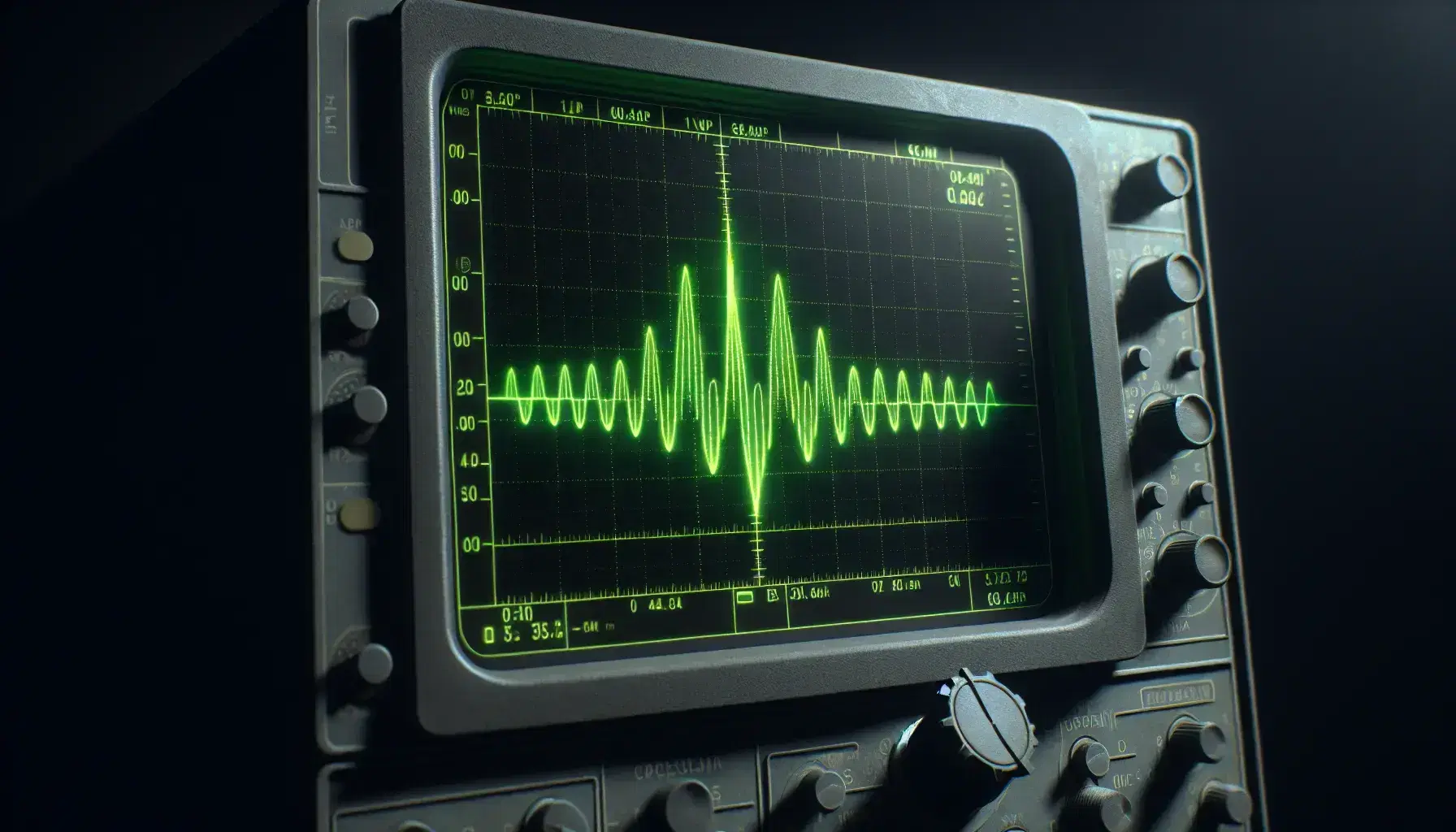 Close-up view of an oscilloscope screen displaying a complex green waveform with multiple peaks and troughs against a black background.