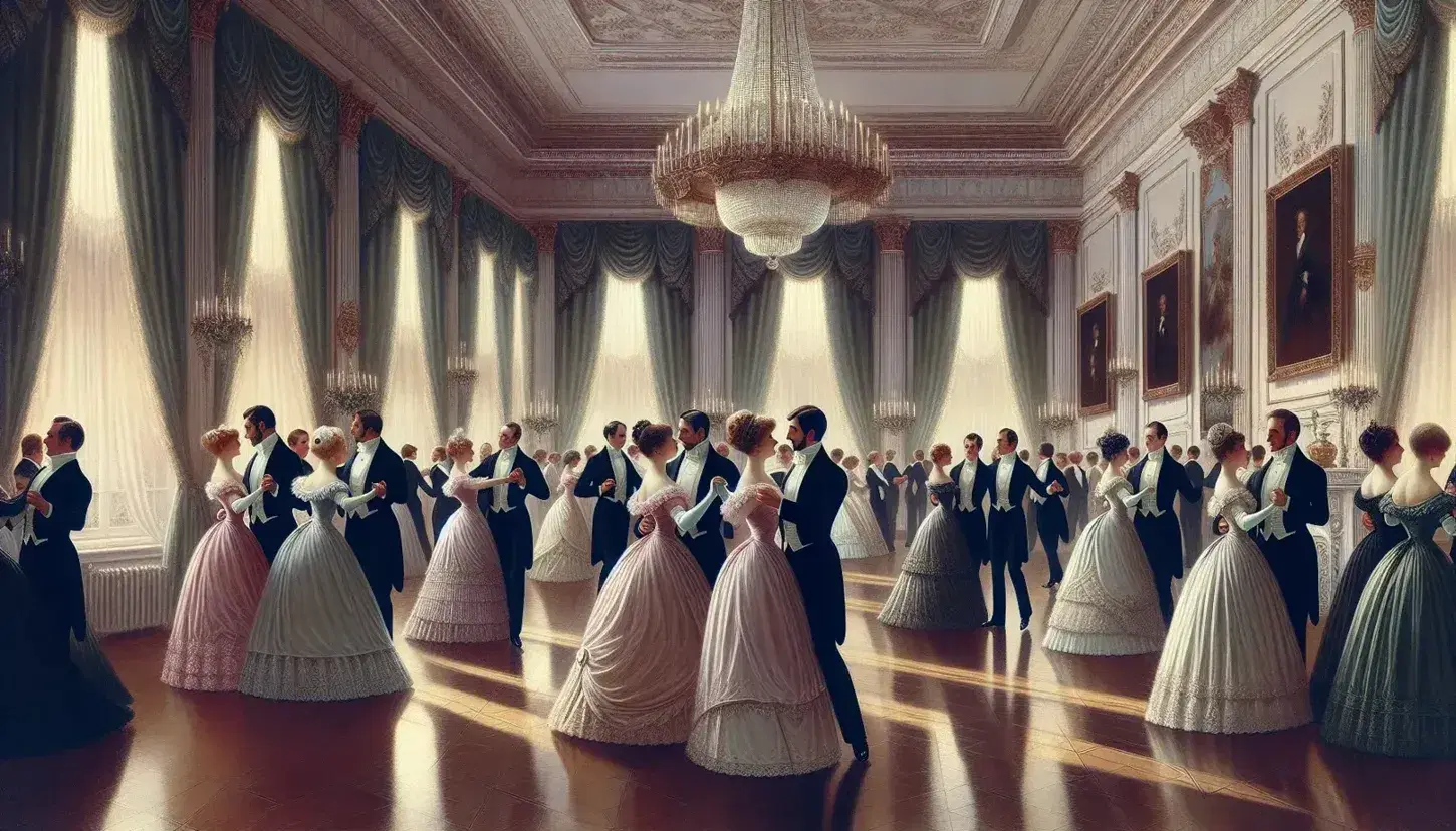Victorian ballroom with elegantly dressed couples dancing, ornate chandelier above, and a finely set dining table to the side.
