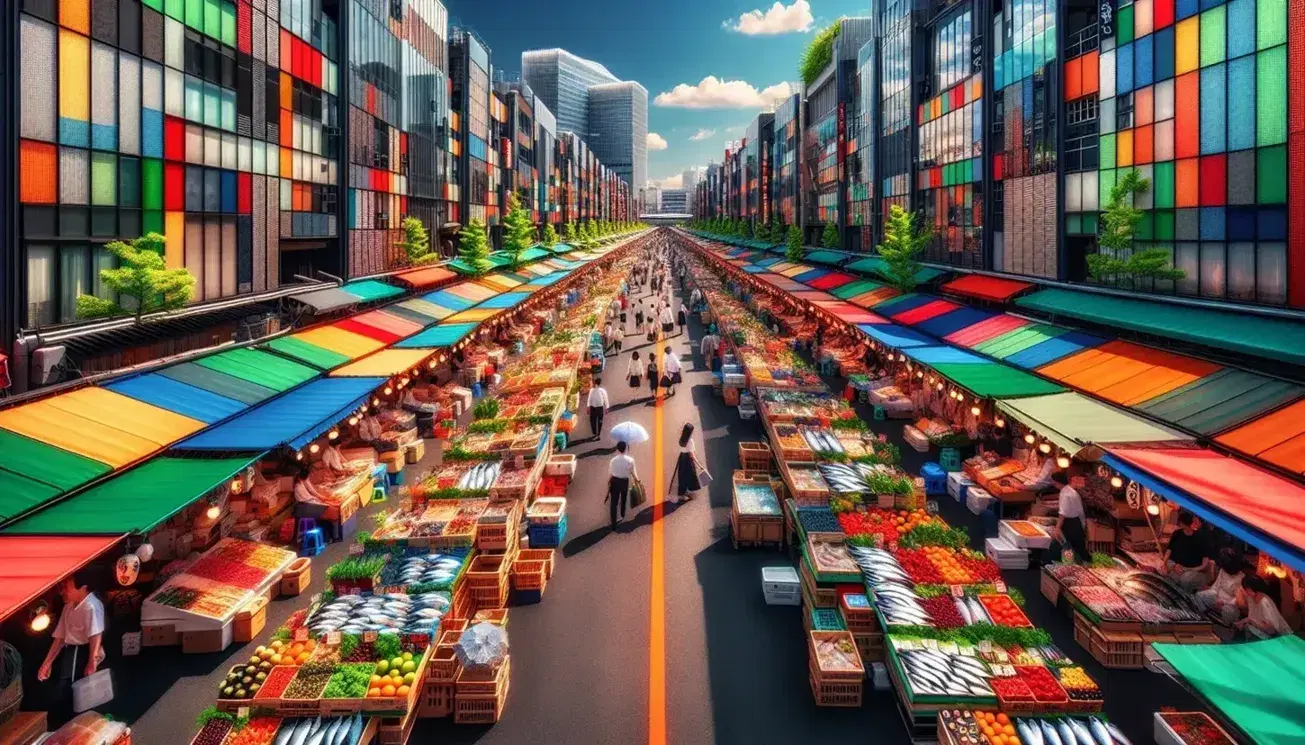 Mercato all'aperto giapponese con bancarelle colorate, frutta fresca, pesce e passanti tra edifici moderni e ciliegio in fiore.