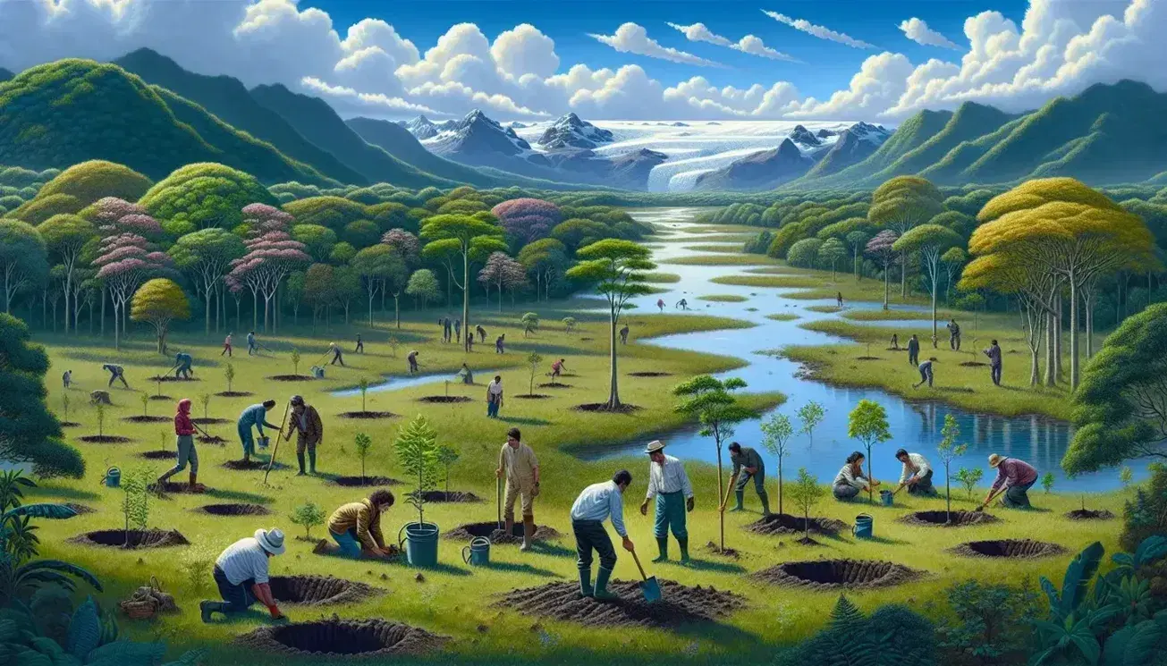 Grupo diverso plantando árboles en campo verde con río serpenteante, vegetación densa y montañas nevadas al fondo bajo cielo azul.