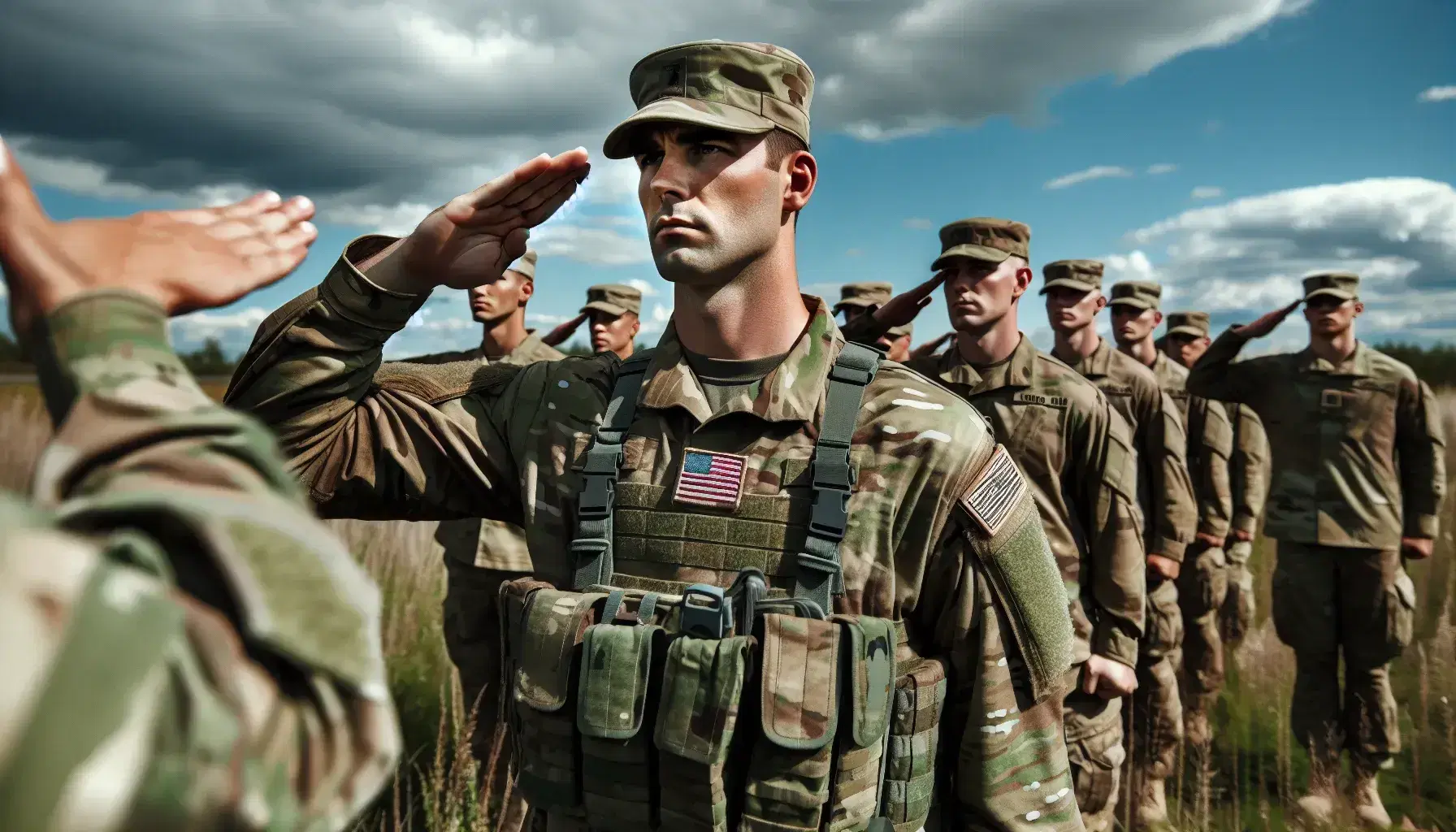Grupo de militares en uniforme de camuflaje formados al aire libre saludando, con cielo despejado y vegetación escasa.