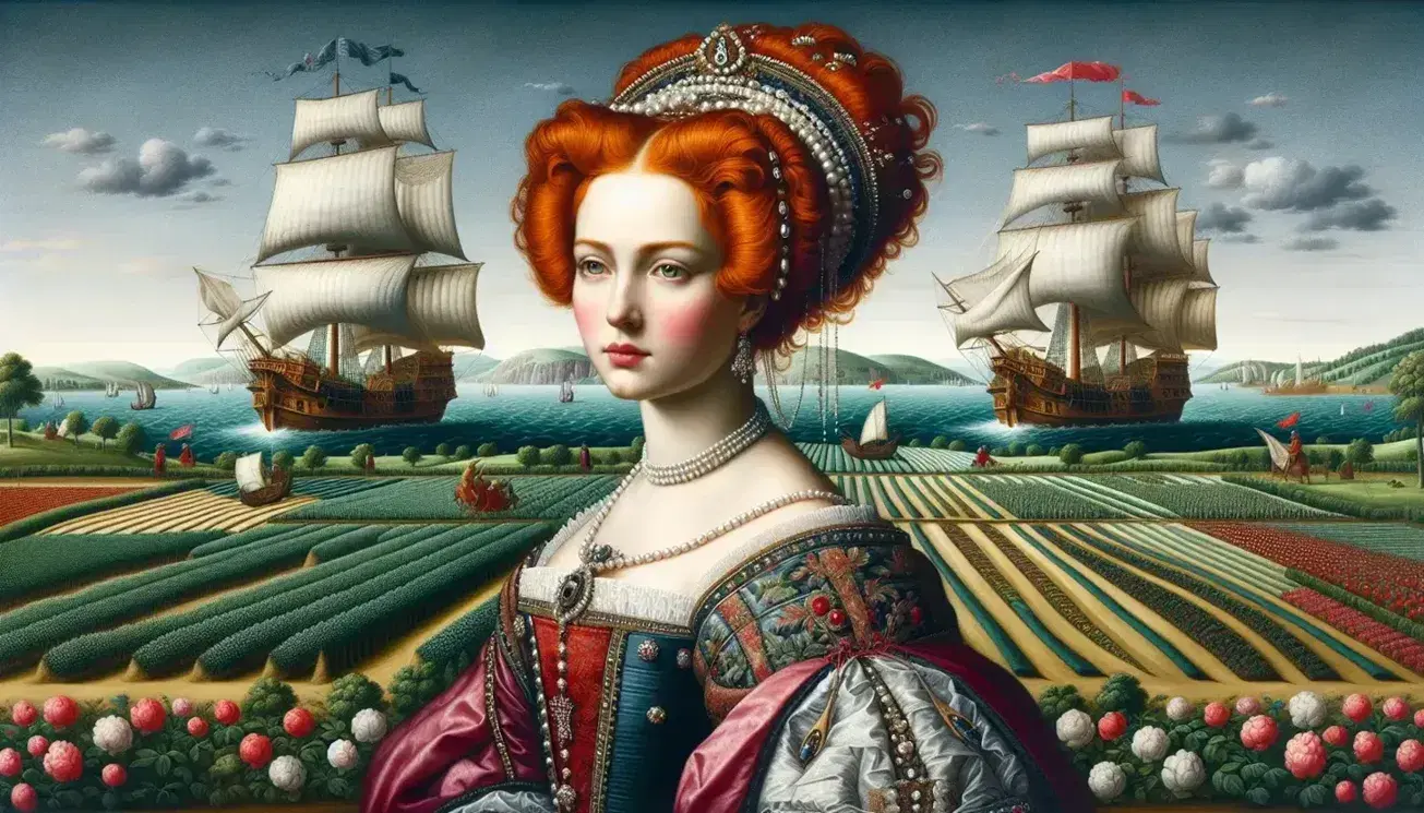 Ritratto di donna dai capelli rossi in abiti regali, nave a vela sullo sfondo e campi coltivati in primo piano, evocando l'era elisabettiana.