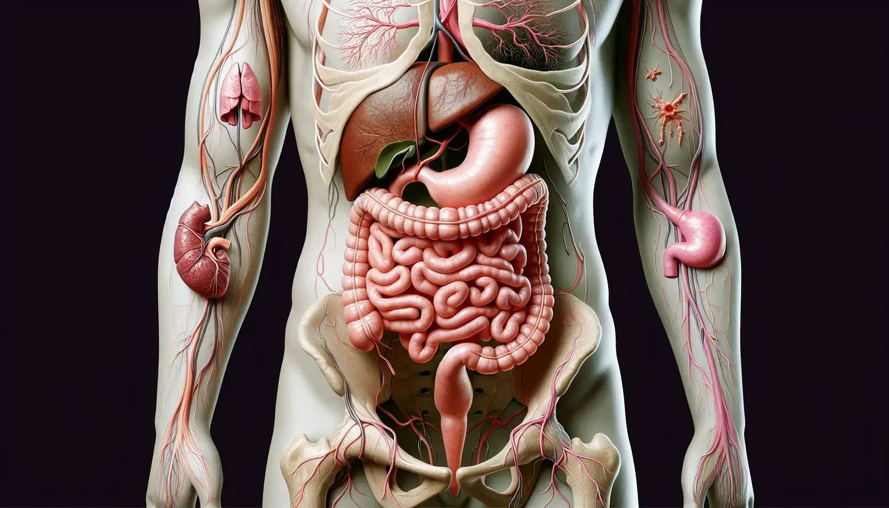 Sistema digestivo humano detallado con estómago, intestinos delgado y grueso, hígado, vesícula biliar y páncreas visibles en posición anatómica.