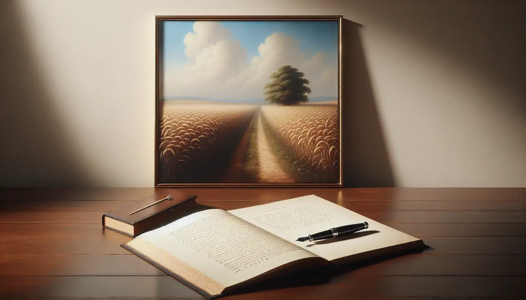 Scrivania in legno scuro con libro aperto, penna stilografica nera, foglio con poesia iniziata e quadro paesaggio campestre sullo sfondo.