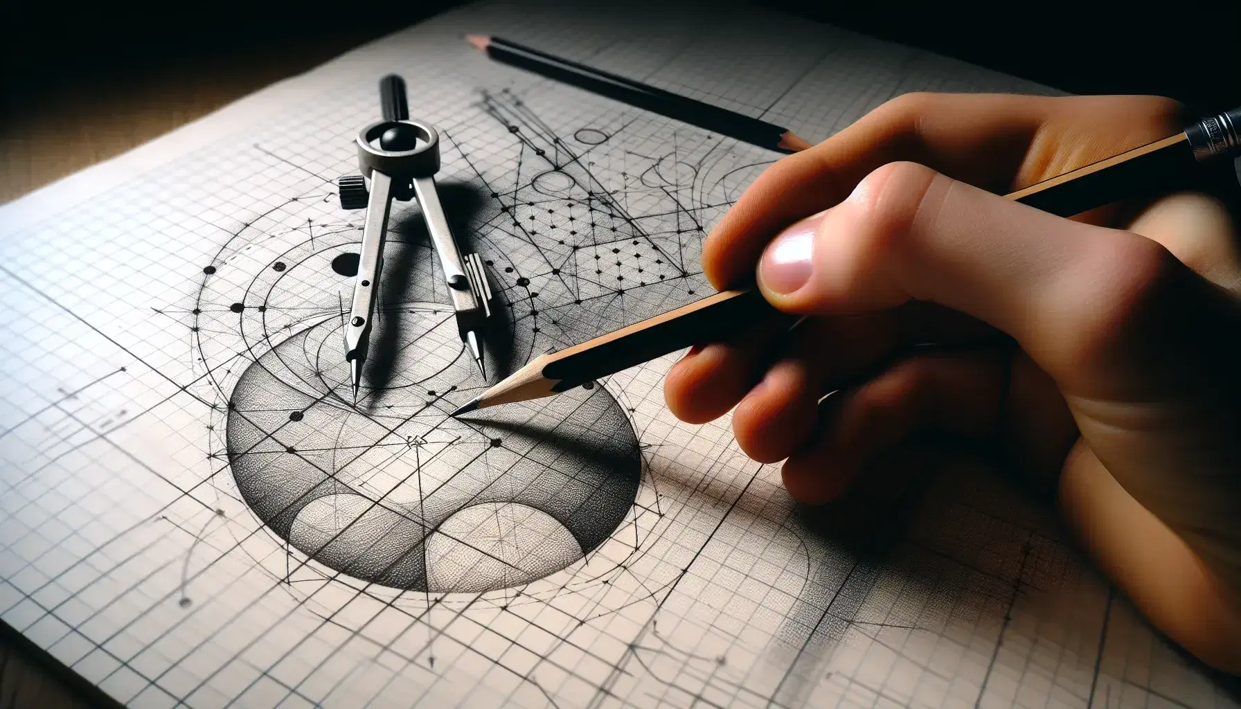 Mano sosteniendo lápiz sobre papel milimetrado con figuras geométricas en proceso de dibujo y compás metálico en segundo plano.