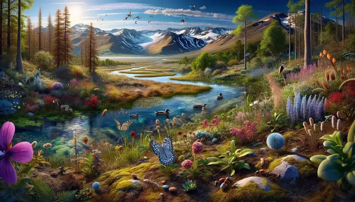 Paesaggio terrestre con prato fiorito, insetti, fiume serpeggiante, anatre, alberi e montagne innevate sotto cielo azzurro.