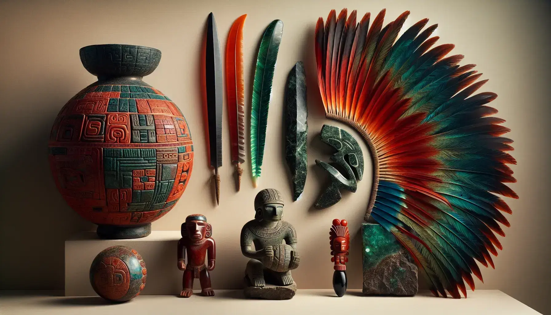 Collection of ancient Mesoamerican artifacts with decorated ceramic vase, jade figurine, ball player sculpture and obsidian blades on neutral background.