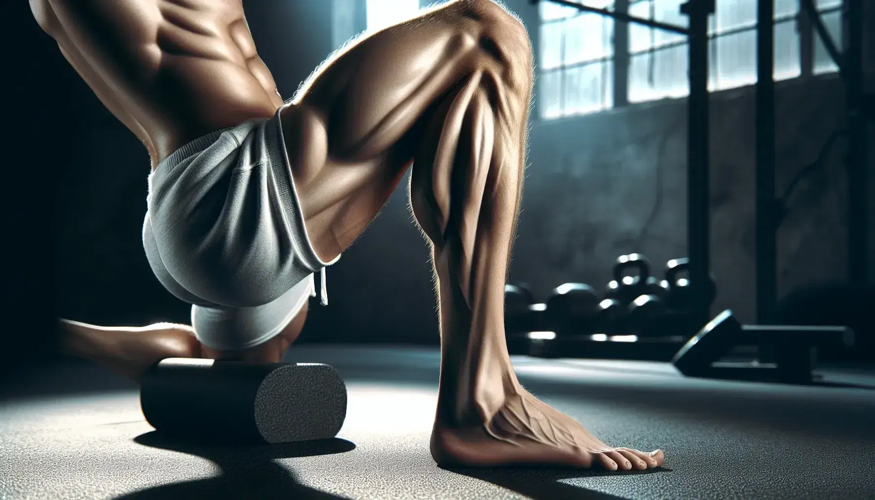 Gamba maschile con muscoli del polpaccio in evidenza durante esercizio di stretching in palestra, con sfondo sfocato di attrezzatura sportiva.