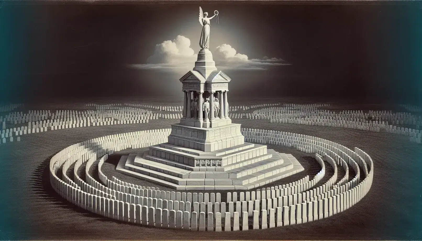 Soldiers' National Monument at Gettysburg Cemetery with a female figure atop a granite column, surrounded by uniform headstones in concentric circles.