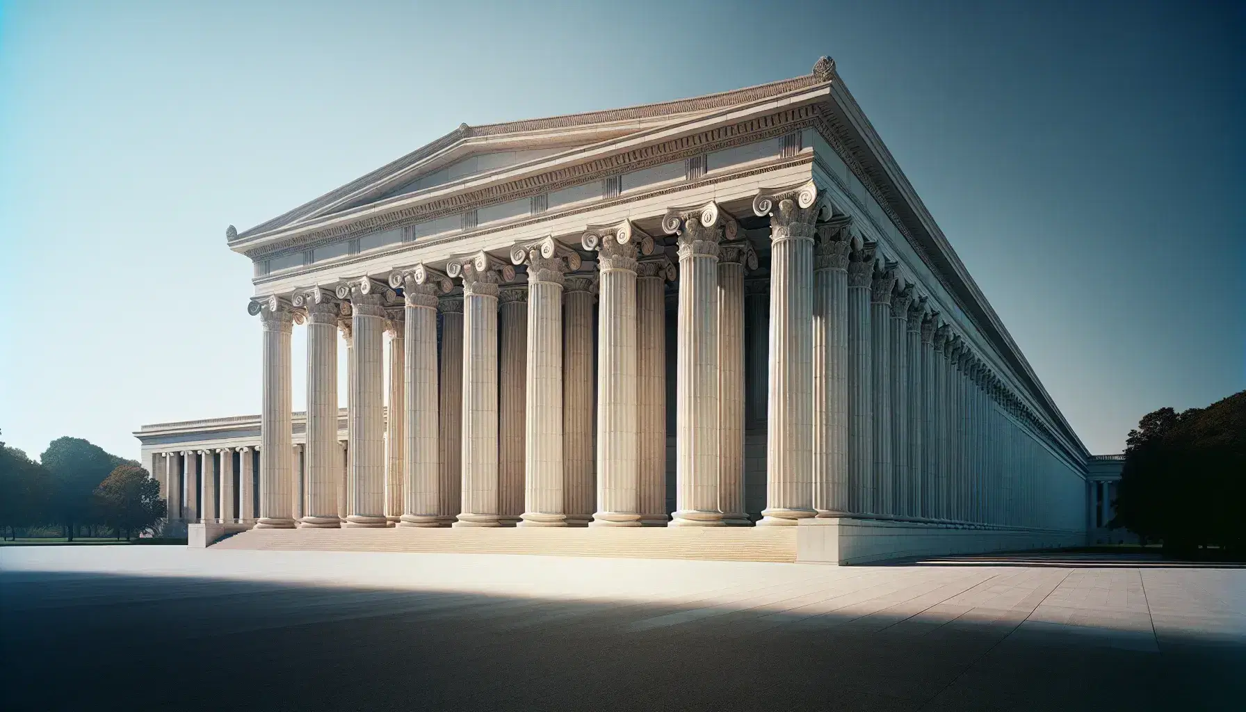Colonne neoclassiche d'ordine dorico sostengono un edificio governativo sotto un cielo azzurro sereno, enfatizzando la maestosità architettonica.
