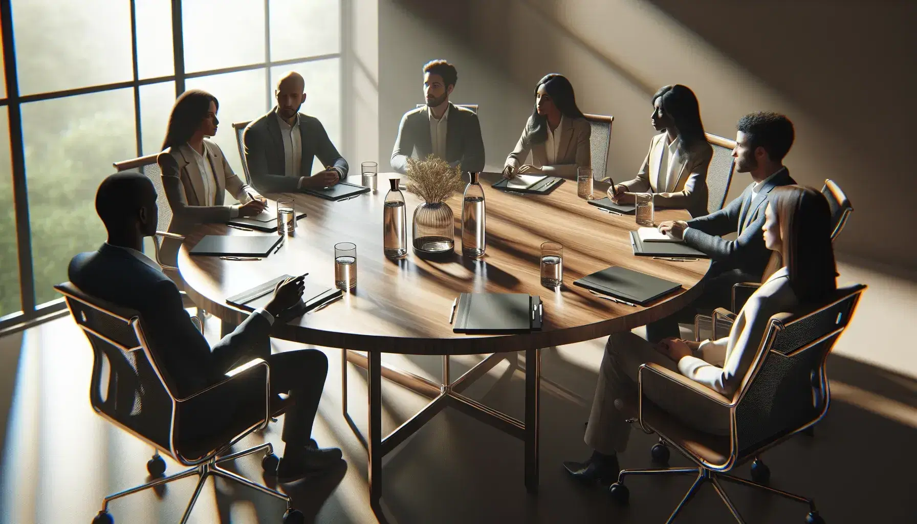 Business meeting with five multi-ethnic professionals around a round wooden table, bottles of water on the table, serene environment.